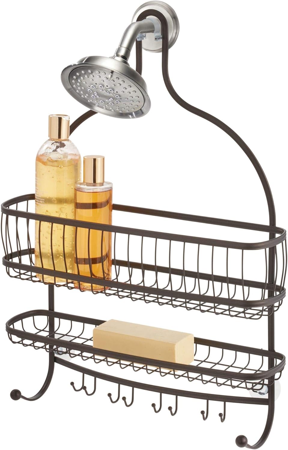 iDesign 62071 York Metal Wire Hanging Shower Caddy, Extra Wide Space for Shampoo, Conditioner, and Soap with Hooks for Razors, Towels, and More, 16 x 4 x 22, Bronze