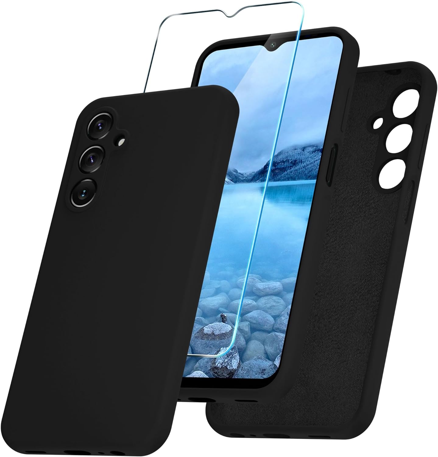 for Samsung Galaxy A15 5G Case, Silicone Phone Case with 1 Screen Protector, Soft Anti-Scratch Microfiber Lining, Full Body Shockproof Slim Cover, Black