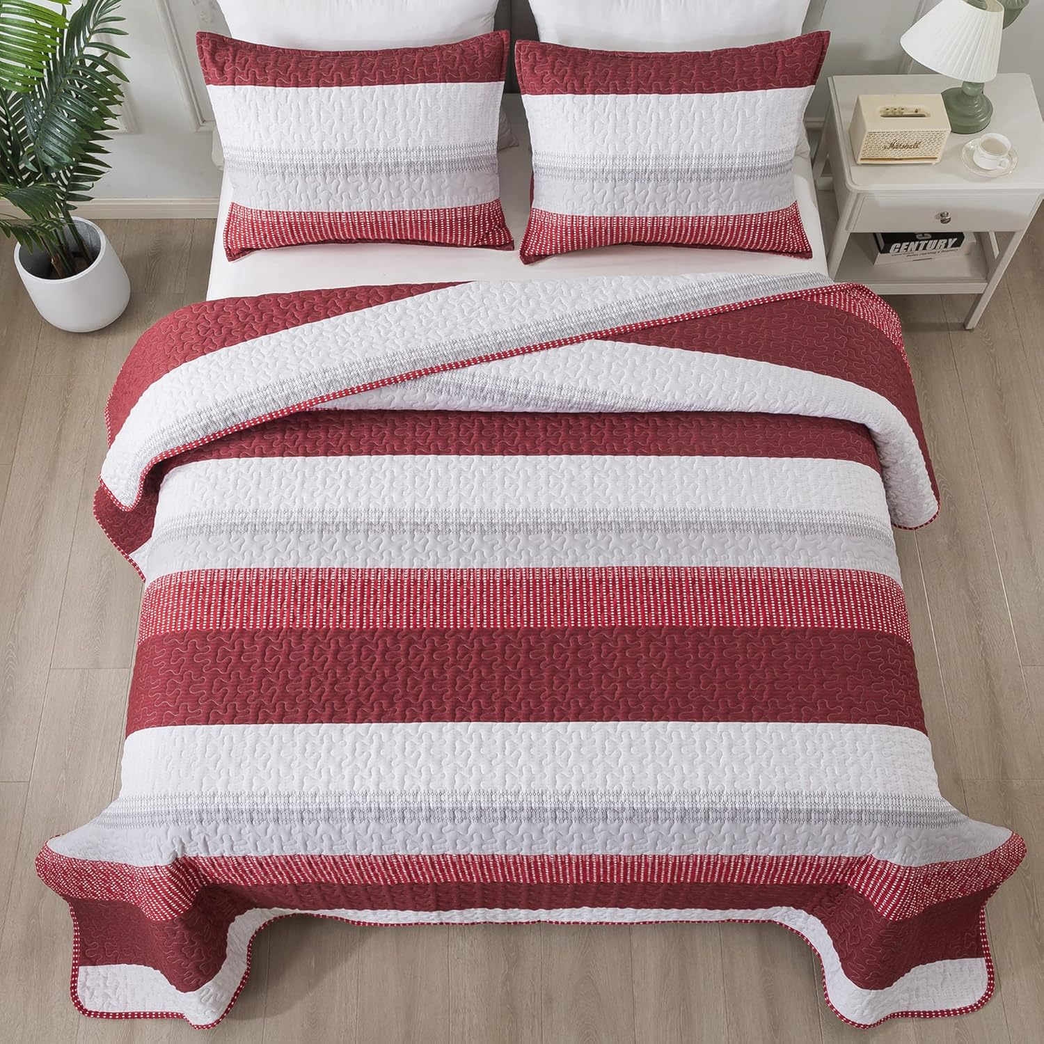 Andency Red Striped Quilt Queen(90x96Inch), 3 Pieces (1 Striped Quilt and 2 Pillowcases) Patchwork Bedspread Coverlet Set, Soft Microfiber Lightweight Quilted Bedding Set