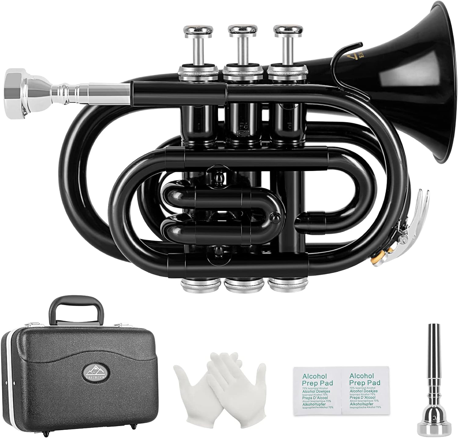 EASTROCK Pocket Trumpet Brass Bb Trumpet with 7C Mouthpiece, Hard Case, Strap, Gloves, Cleaning Kit for Students and Beginners(Black)