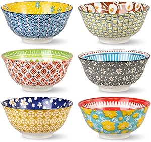 Porcelain Soup Cereal Bowls Set - Ceramic Bowls for Kitchen 23 oz - 6 Colorful Patterned Cute Bowl Sets - 6 Inch Deep Bowls for Oatmeal | Oat | Noodle | Breakfast - Dishwasher and Microwave Safe