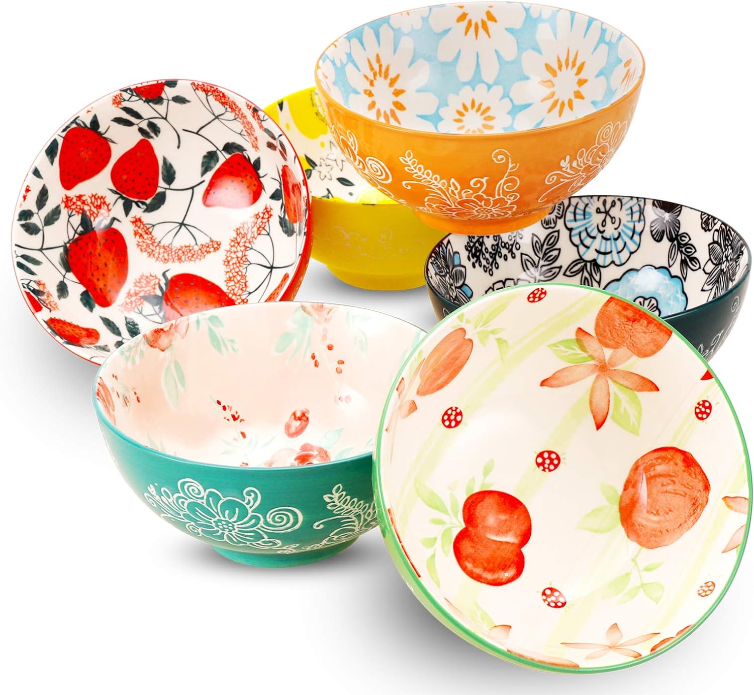 DeeCoo Porcelain Bowls Set (18-Ounce, 6-Piece) - for Cereal, Soup, Salad, Pasta, Fruit, Ice Cream Bowls Service - Microwave and Dishwasher Safe, Assorted Designs