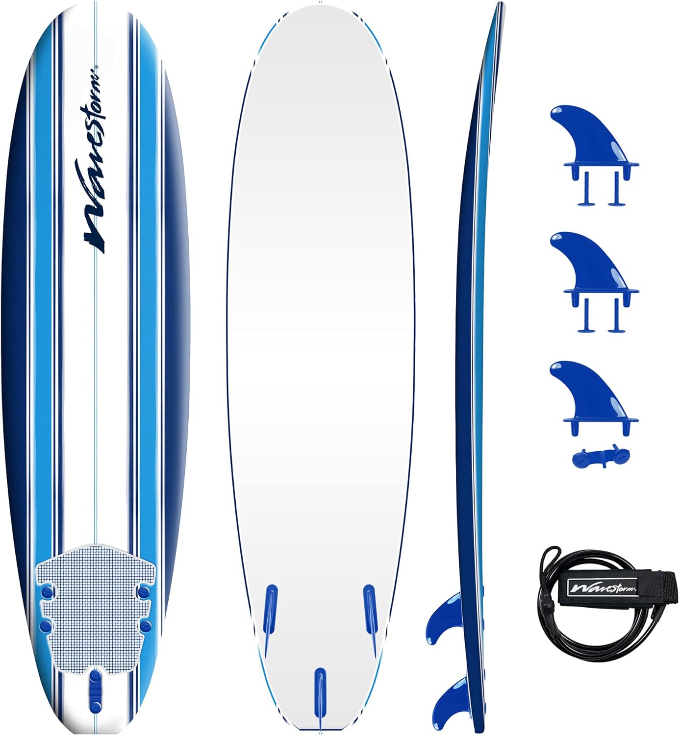 Wavestorm - Classic Soft Top Foam 7ft Surfboard Surfboard for Beginners and All Surfing Levels Complete Set Includes Leash and Multiple Fins Heat Laminated, Blue Pinline (AZ22-WSSF700-PIN)