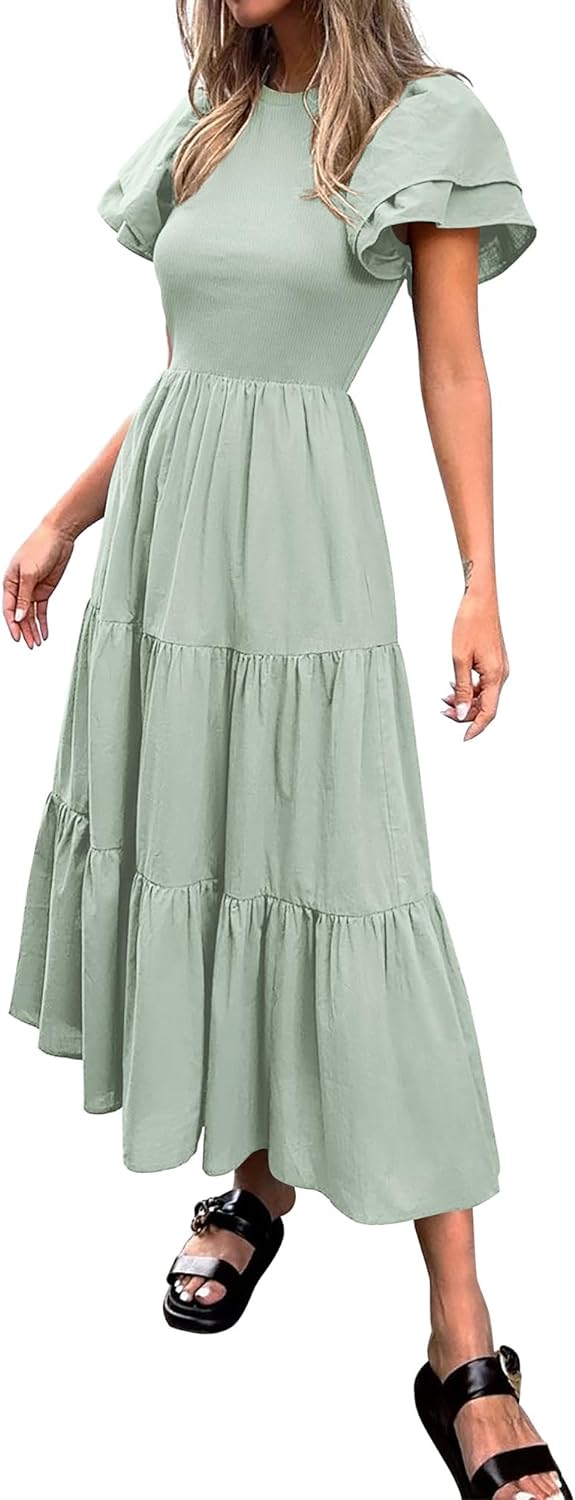 BTFBM Women Casual Summer Dresses Crewneck Flutter Puff Short Sleeve Elastic Waist Flowy Aline Tiered Maxi Dress Pockets