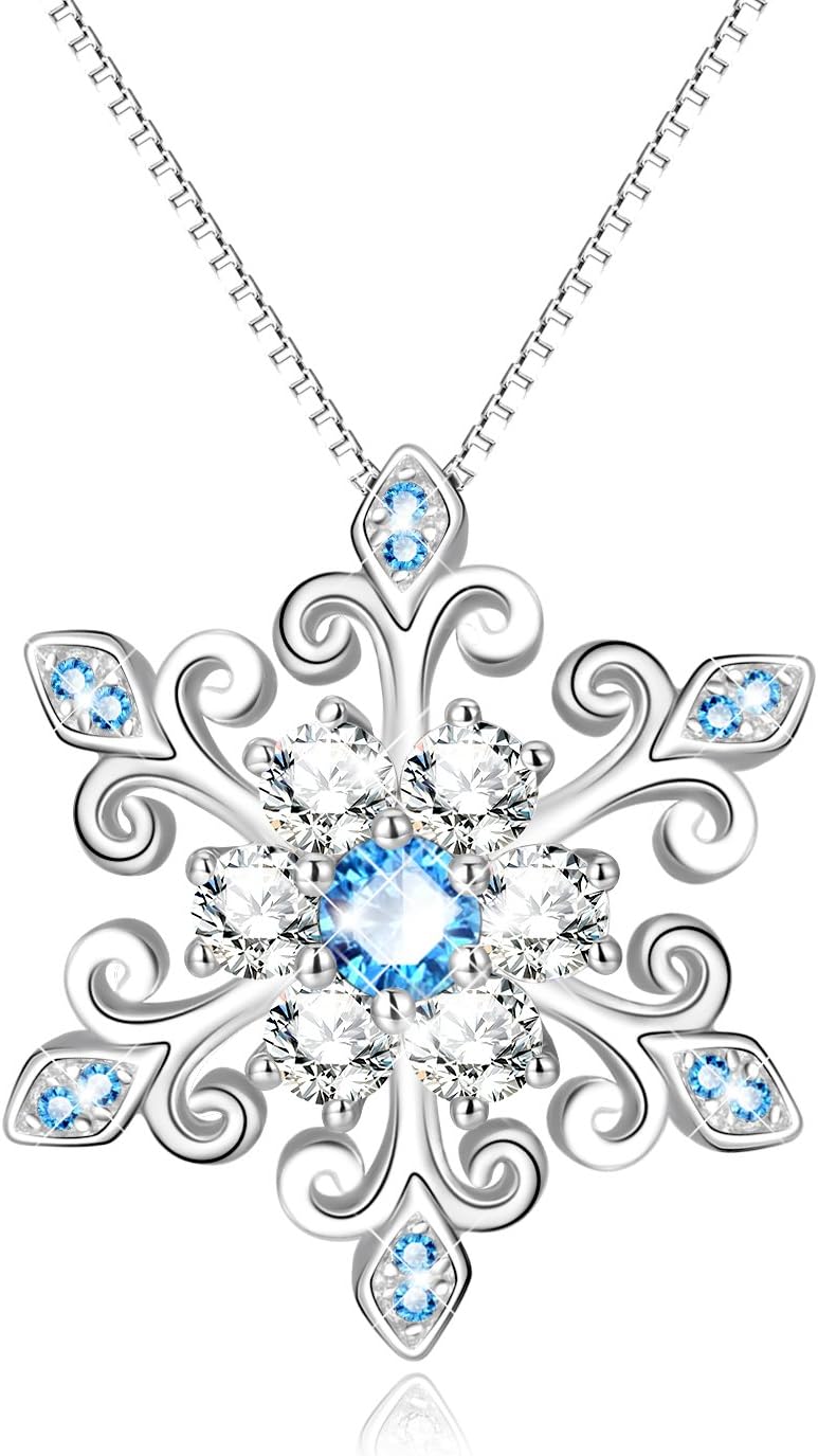 AOBOCO 925 Sterling Silver Snowflake Pendant Necklace Blue and White Fleur De Lis, Romantic Jewelry Gift for Her Birthday