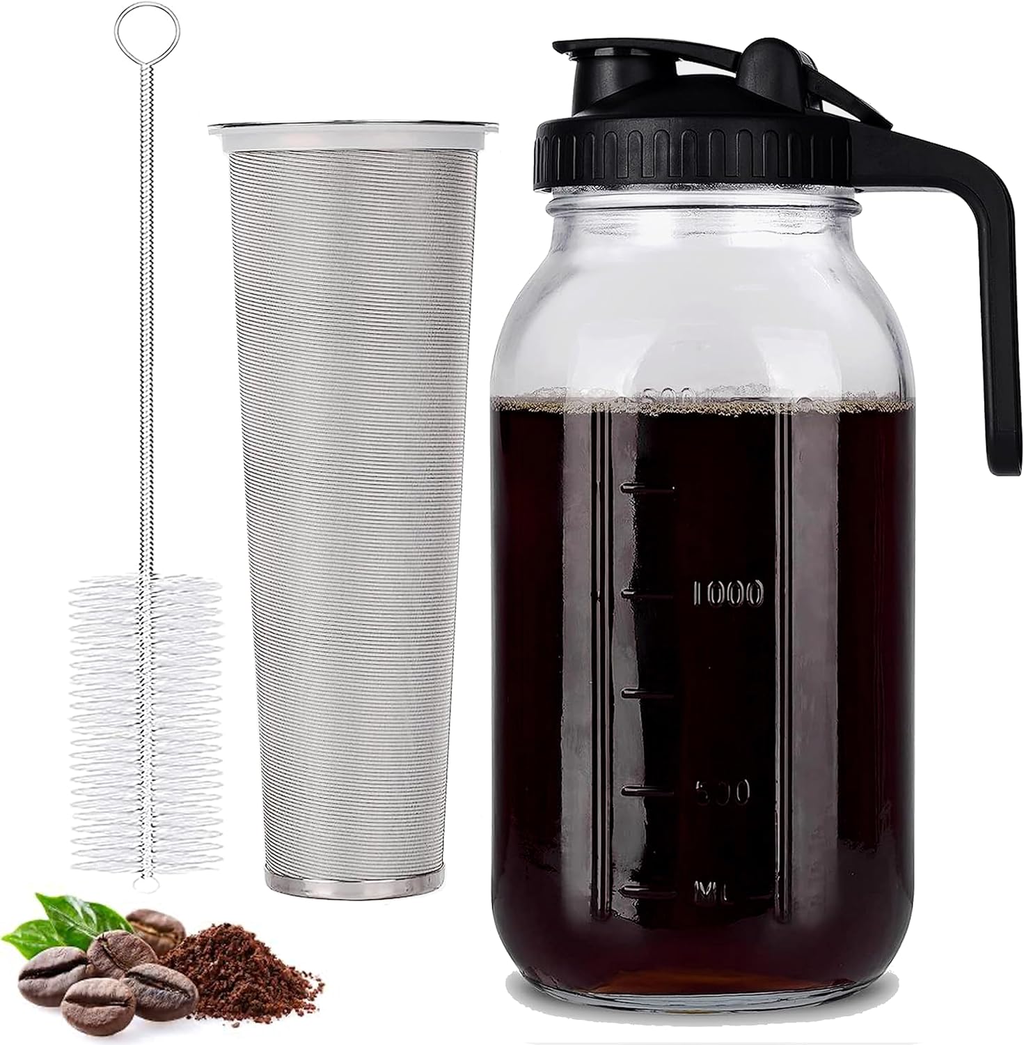 Cold Brew Coffee Maker - 64oz Mason Jar Pitcher with Premium Stainless Steel Filter and Handle for Iced Coffee, Iced Tea, Homemade Fruit Drinks (64 oz)