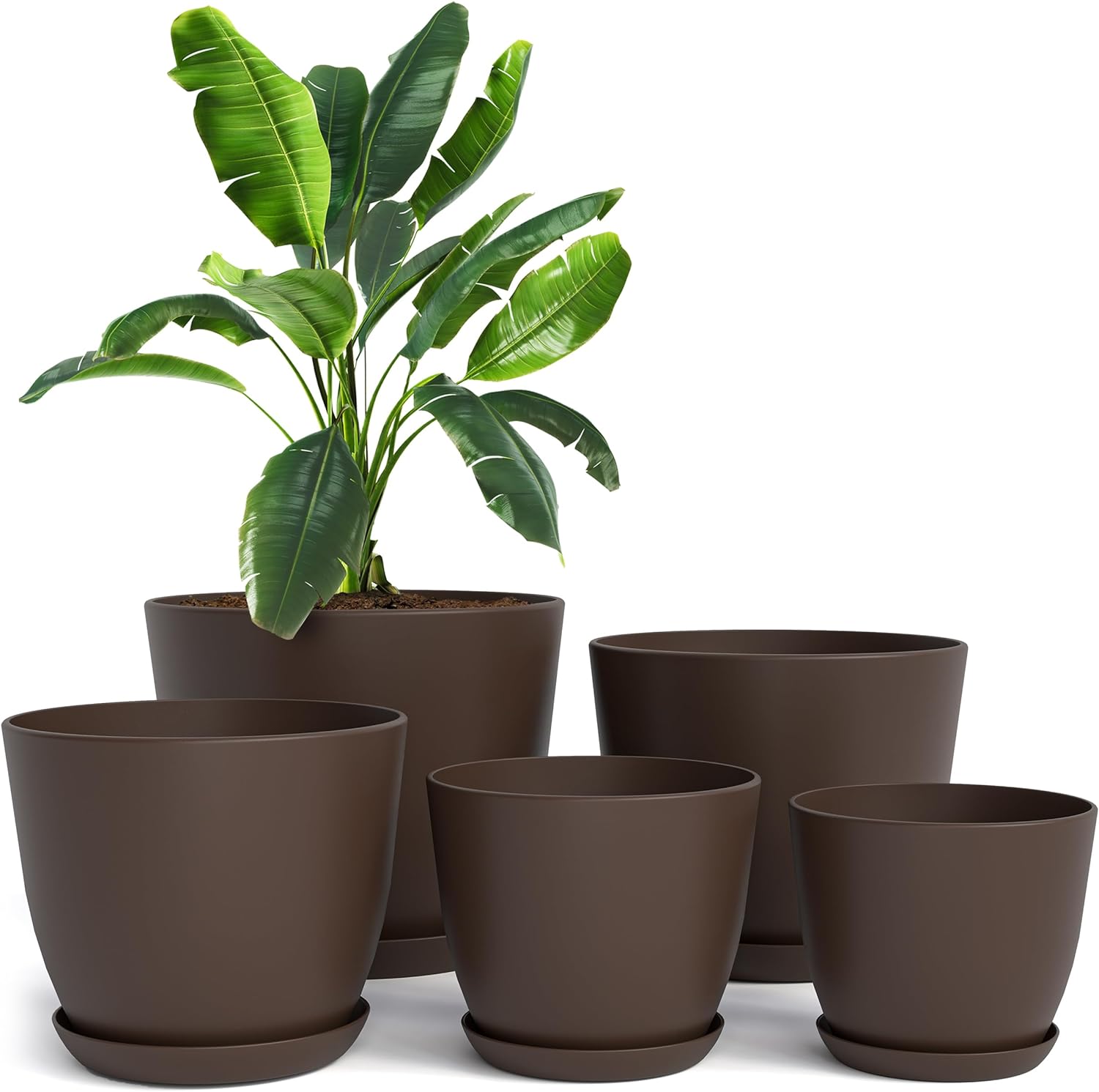 Utopia Home - Plant Pots Indoor with Drainage - 7/6.6/6/5.3/4.8 Inches Home Decor Flower Pots for Indoor Planter - Pack of 5 Plastic Planters for Indoor Plants, Cactus, Succulents Pot - Brown