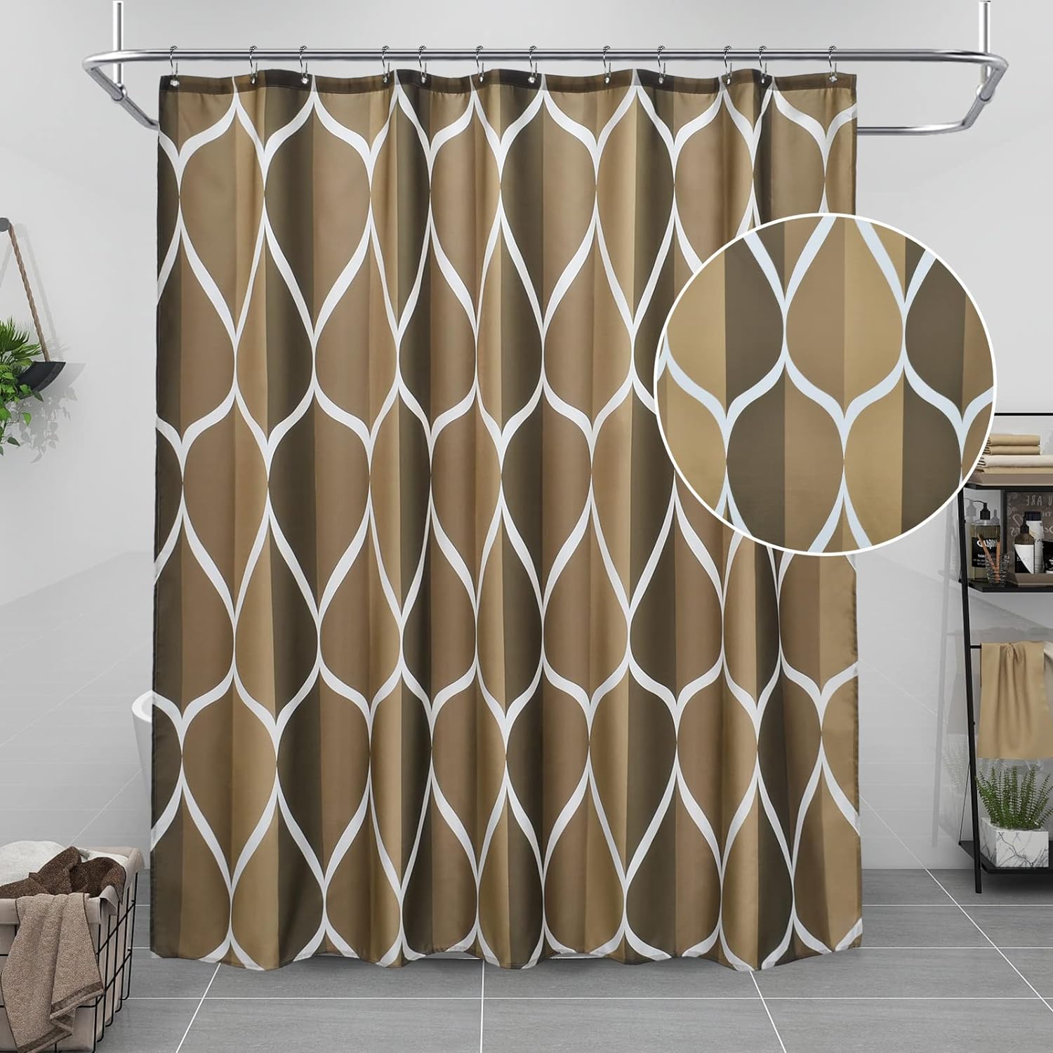 Brown Geometric Shower Curtain, Waterproof Design and Polyester, Quick-Drying, Weighted Hem, Brown Fabric Shower Curtains Set for Bathroom W 72 x H 72, Machine Washable with 12 Hooks