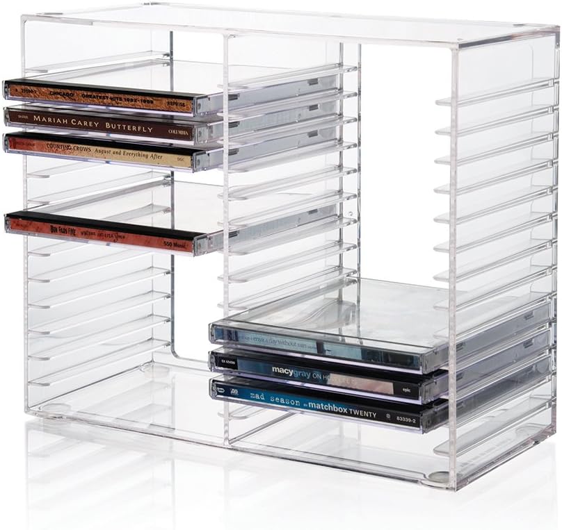 STORi Stackable Clear Plastic CD Organizer with Rubber Feet | Rectangular Jewel Cases Holder Perfect for Theatre Room | Holds up to 30 CD Cases | Made in USA