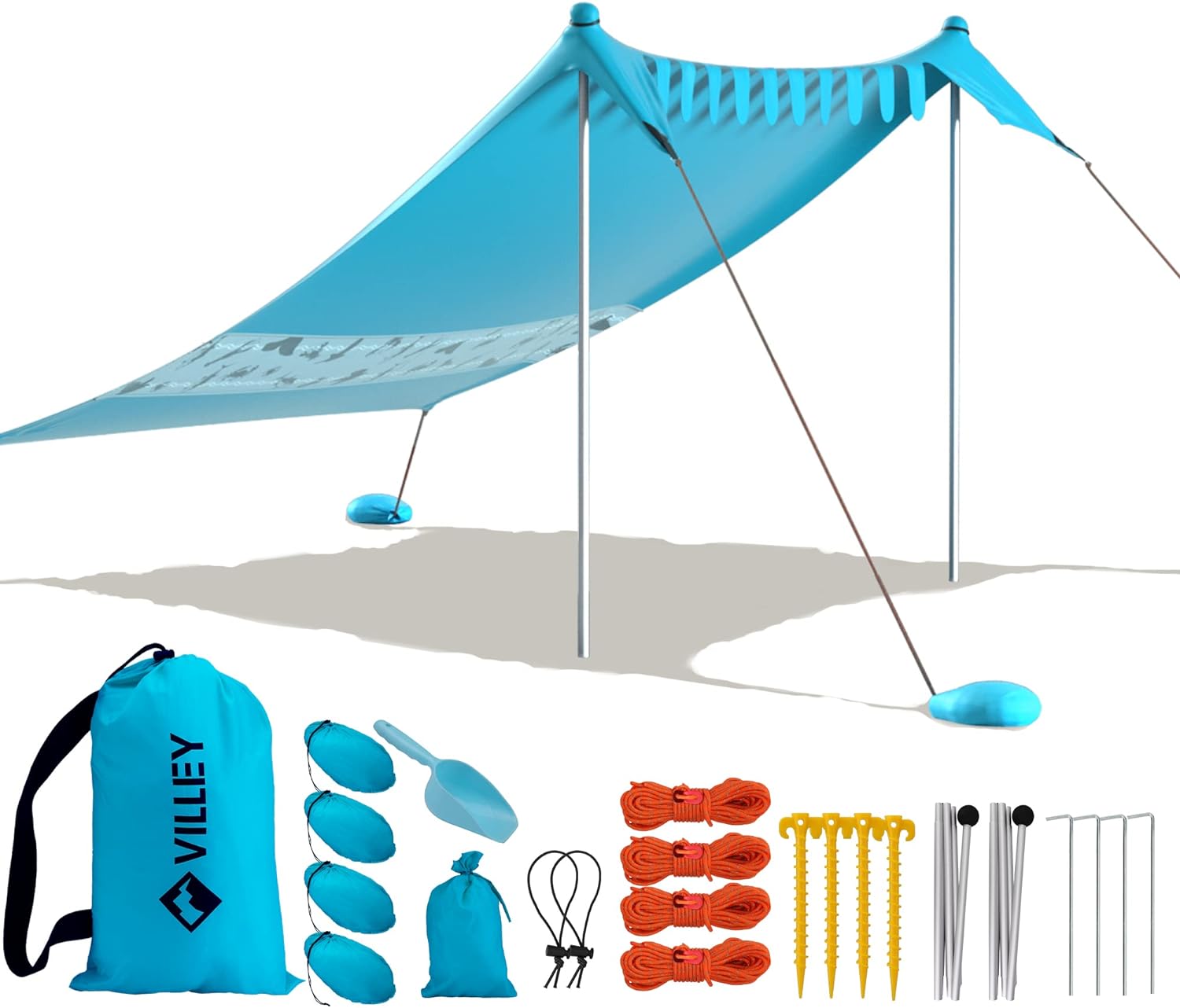 VILLEY Beach Tent Sun Shelter with UPF50+ Protection, 8×7FT Portable Sun Shade with 2 Stability Poles, 8 Ground Pegs, 4 Sandbags and Sand Shovel, Outdoor Beach Canopy for Camping Trips, Picnics