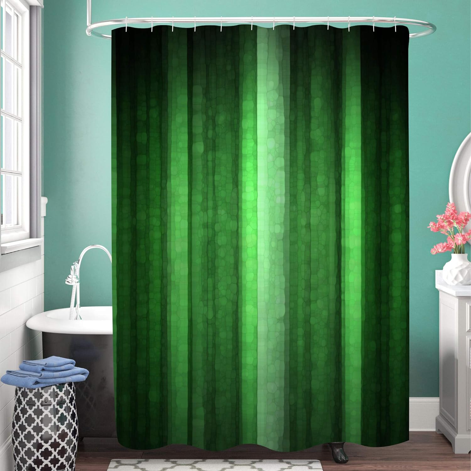 Gibelle Green Striped Shower Curtain, Emerald Green Dark Green Neon Fabric Shower Curtain Set with Hooks, Ombre Abstract Modern Art Bath Curtain Waterproof Shower Curtains for Bathroom Decor, 72 x 72