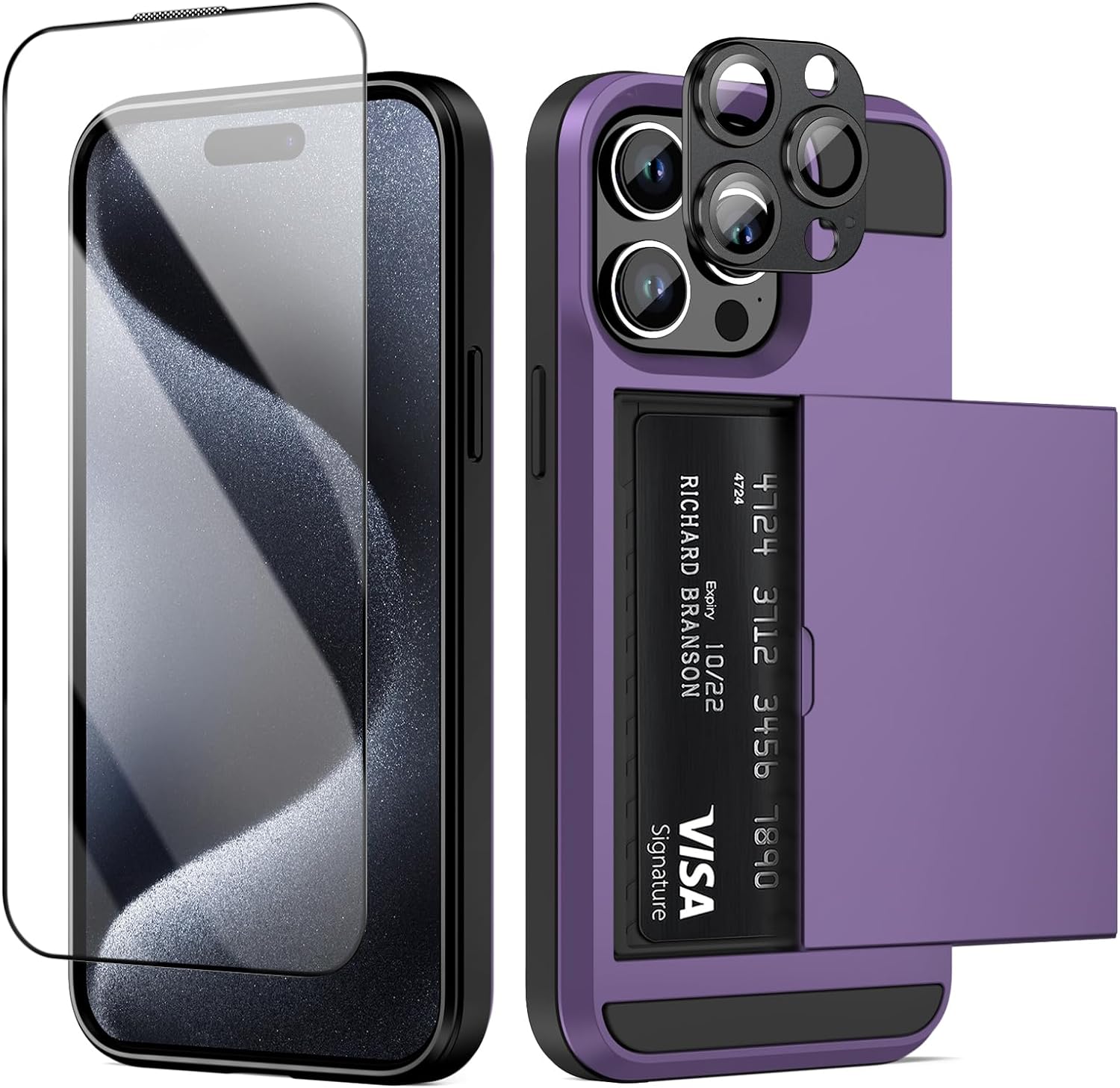 Vofolen for iPhone 15 Pro Case with Card Holder Screen Protector Camera Cover, Dual Layer Shockproof Wallet Case Hidden Sliding Card Slot Protective Slim Case for iPhone 15 Pro, 6.1'' Grey Purple