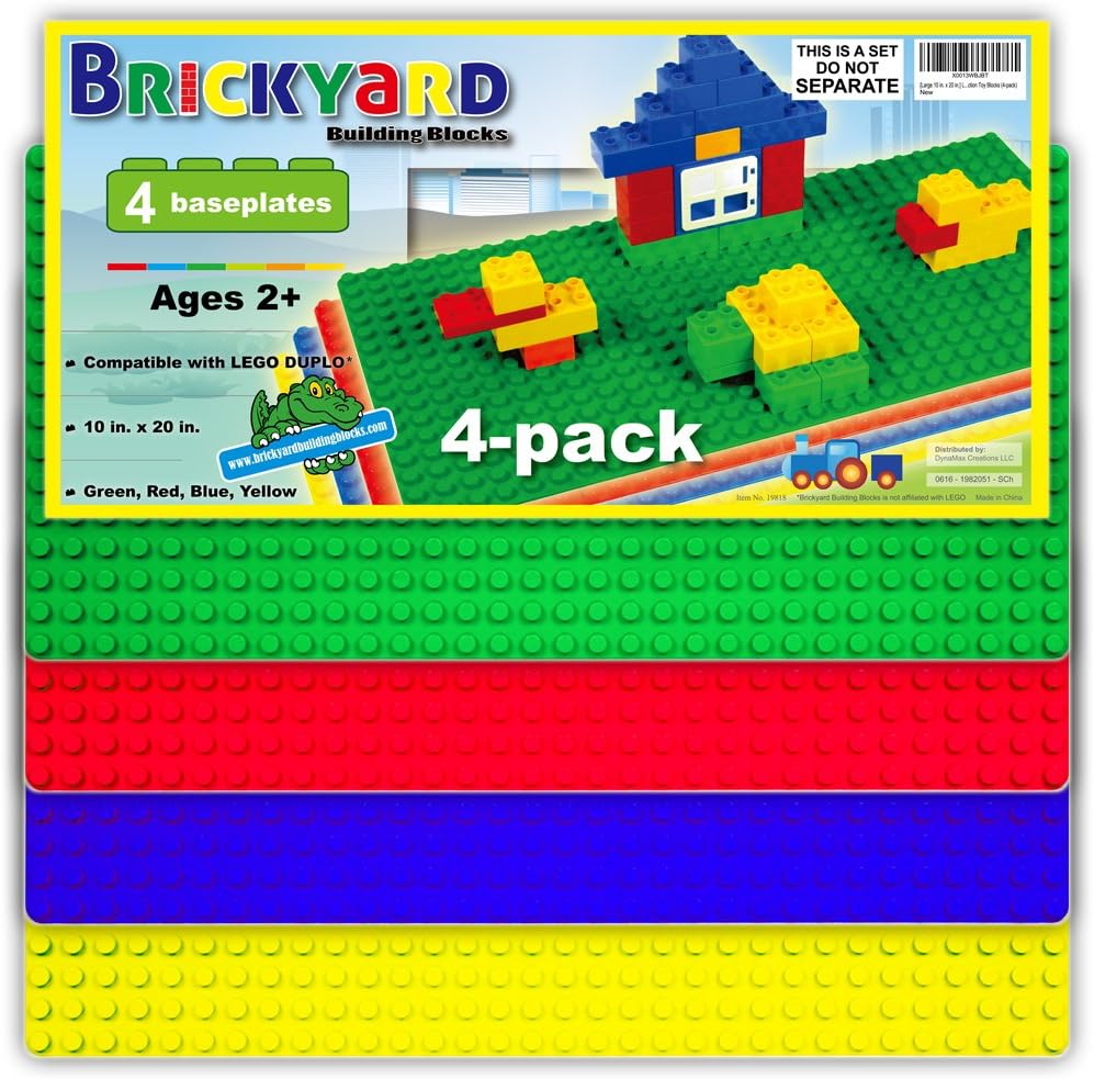 Brickyard Building Blocks Lego Compatible Baseplate - Pack of 4 Large 10 x 20 Inch Base Plates for Toy Bricks, STEM Activities & Display Table - Assorted