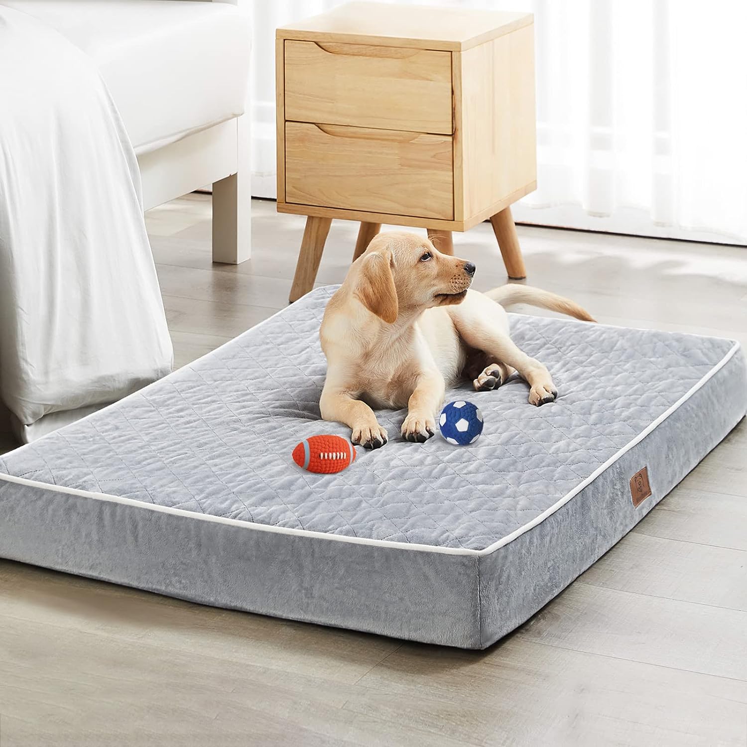 I got the 36 and the 41 just to be sure it would fit my dogs and they both have plenty of room on the bigger one together (large boxer and 60lb mix dog) if youre used to buying dog beds in stores I would say this would be $80 bed. Its not clunky but a good thickness and seems to hold their weight well. The waterproof seems actually waterproof. The washable cover is very easy to get on and off and is very soft, but feels like if they start to scratch and dig at it will hold up well. Also love