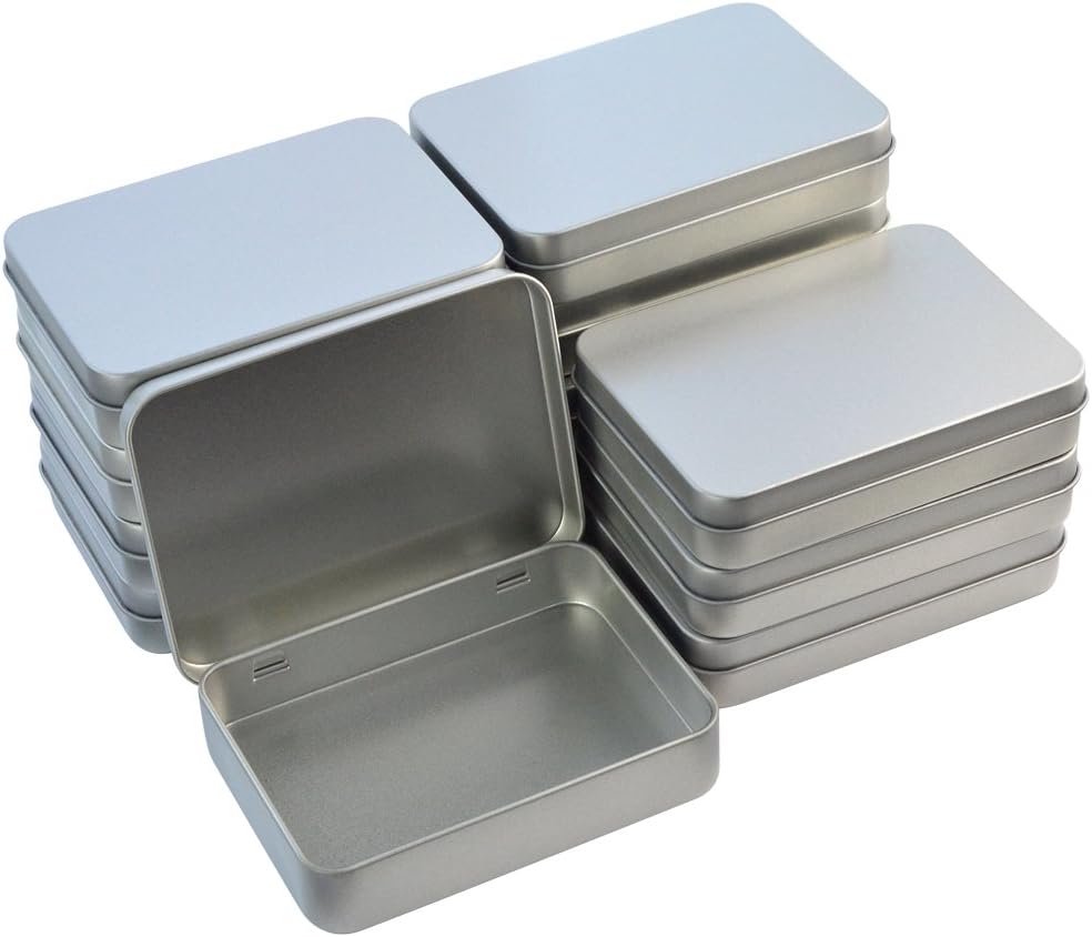 Wobe 12pcs Metal Rectangular Empty Hinged Tins Box Containers 4.5x3.3x0.9 in, Mini Portable Box Small Storage Kit Home Organizer Holders For First Aid Kit, Survival Kits, Storage, Herbs Pills Crafts