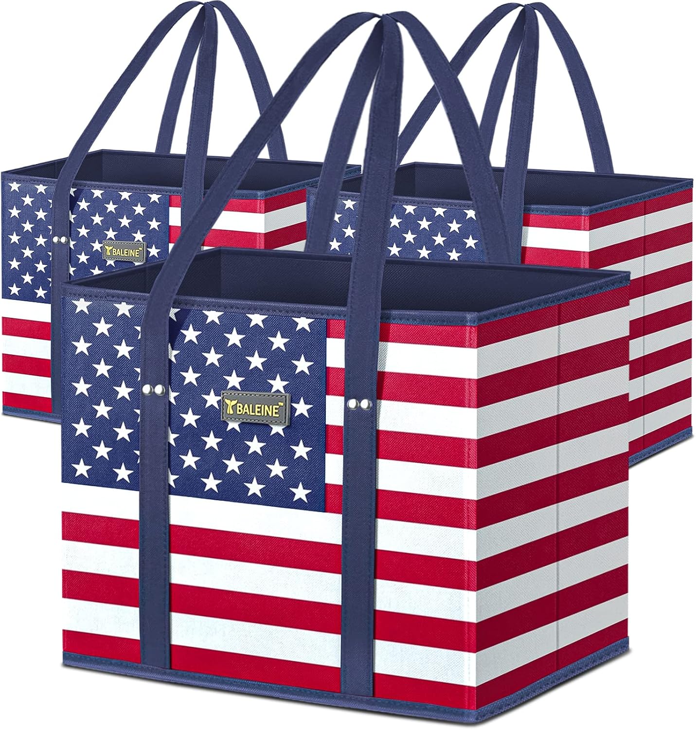 BALEINE 3Pk Reusable Grocery Bags, Foldable Shopping Bags for Groceries with Reinforced Bottom & Handles (Patriot Celebration)