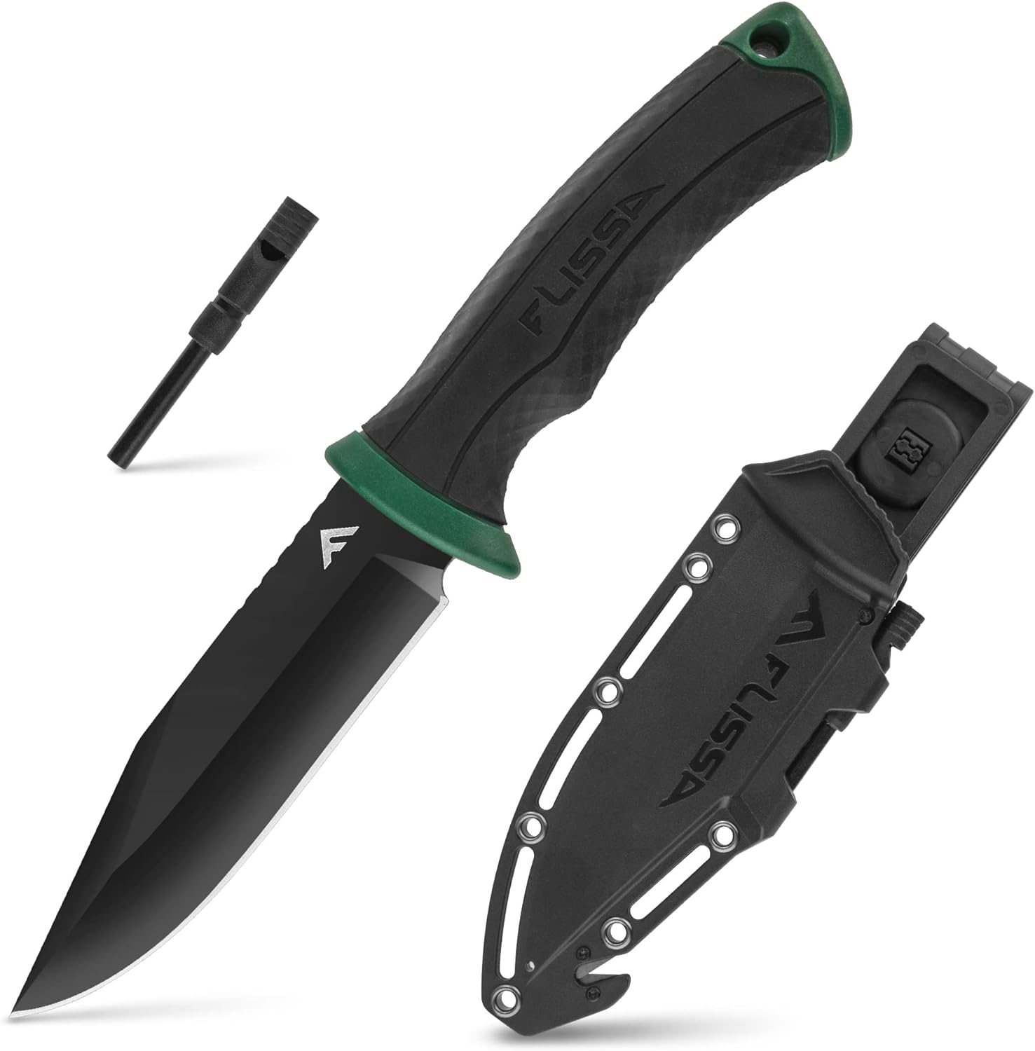 FLISSA 4-7/8 Survival Knife with Sheath, Fixed Blade Knife with Whistle & Fire Starter for Camping, Outdoor, Bush Craft, Tactical, Fiberglass Nylon Handle, Gift for Husband, Father, Friend