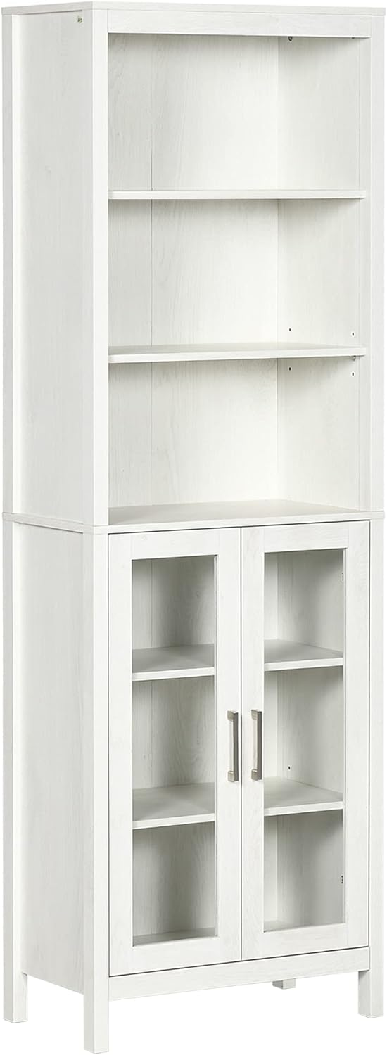 kleankin Tall Bathroom Storage Cabinet with 3 Tier Shelf, Glass Door Cabinet, Freestanding Linen Tower with Adjustable Shelves, Antique White