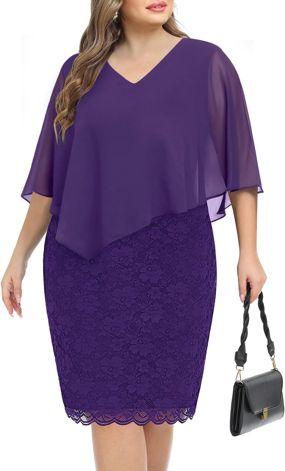 Women' Plus Size Cape Dress with Chiffon Overlay Lace Knee Length Cocktail Pencil Dresses