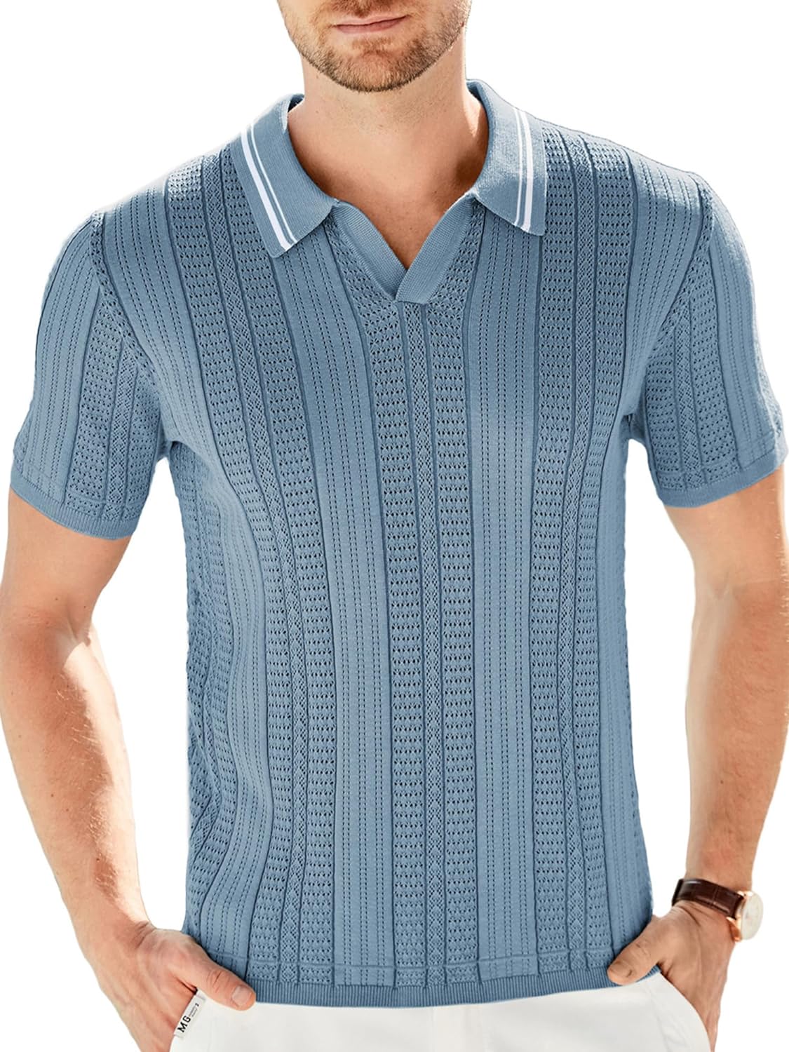 GRACE KARIN Men' Knitted Polo Shirt Short Sleeve Casual Muscle Golf Shirts