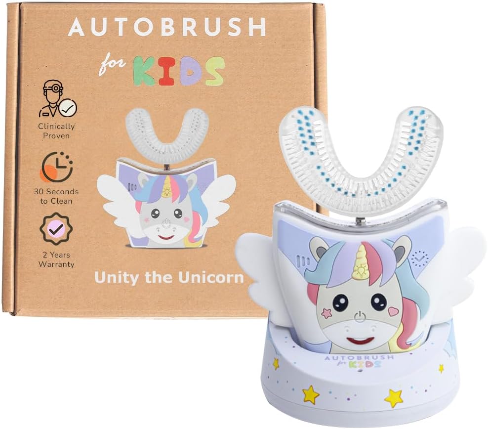 AutoBrush Sonic Pro U Shaped Kids Electric Toothbrush,Unique 360 Nylon Bristles 3 Cleaning Modes,Whitening LED-Lights,Plays Music (Double-Sided),Ages 3-5, Unicorn