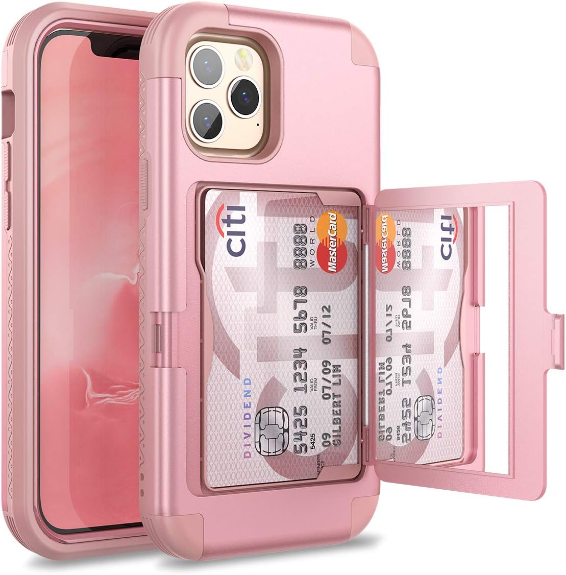 WeLoveCase Wallet Case with Credit Card Holder & Hidden Mirror, Three Layer Shockproof Heavy Duty Protection Protective Cover for iPhone 12 Pro Max - 6.7inch Rose Gold