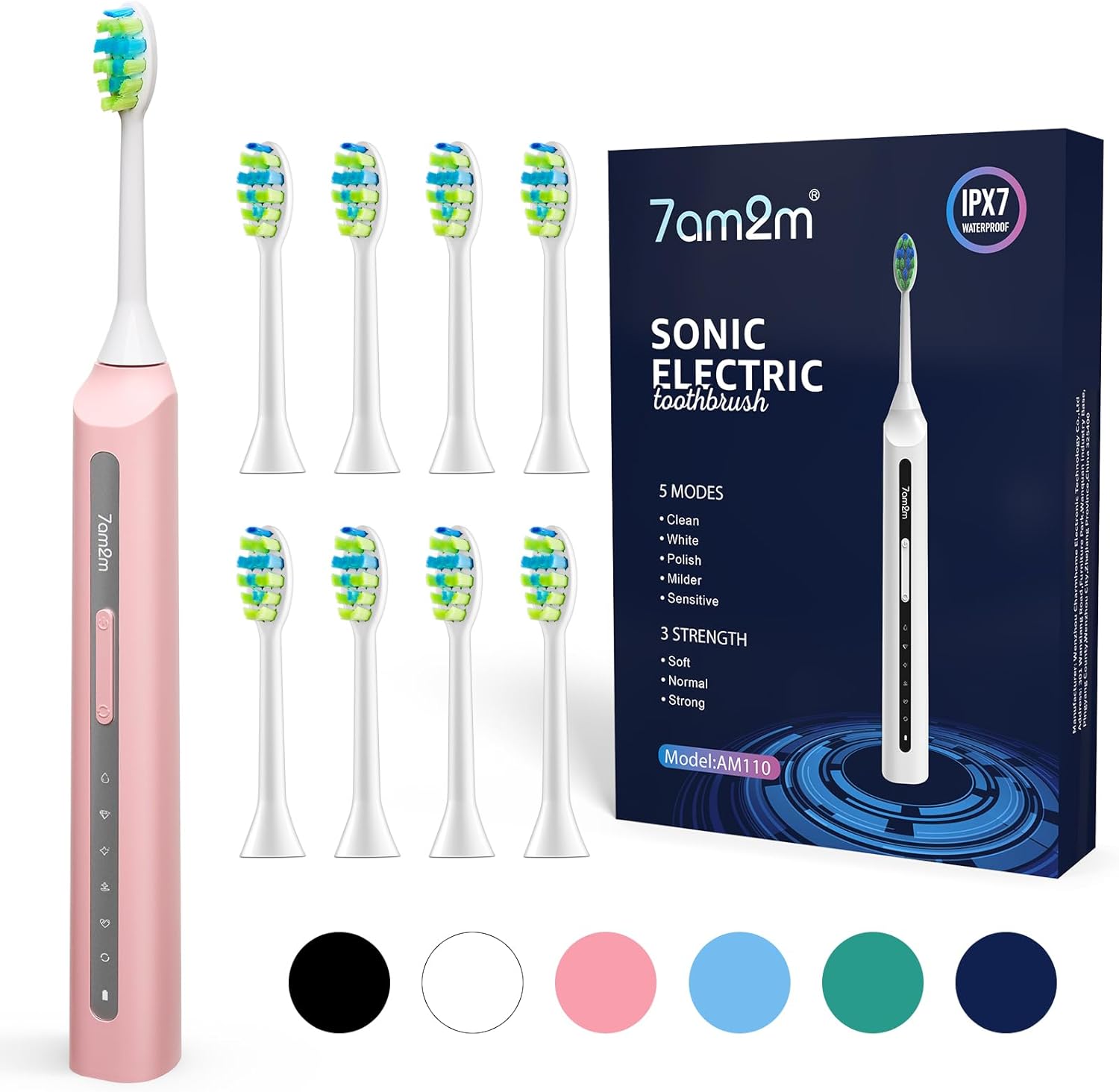 7AM2M Sonic Electric Toothbrush, High Power Rechargeable Toothbrushes, with 8 Brush Heads for Adults and Kids, 15 Adjustable Modes, Built-in 2-Minute Smart Timer, 4 Hours Fast Charge(Pink)