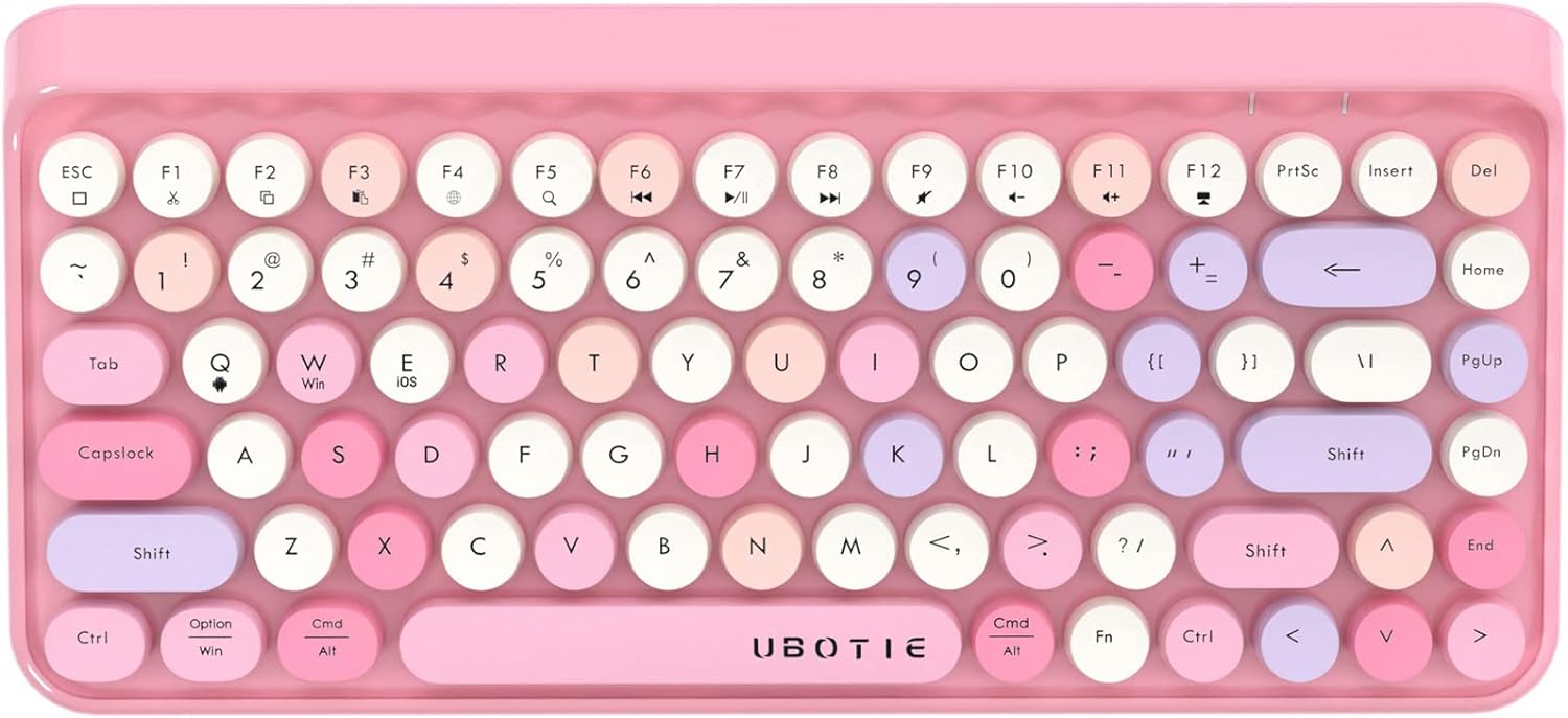 UBOTIE Portable Bluetooth Colorful Computer Keyboards, Wireless Mini Compact Retro Typewriter Flexible 84Keys Design Keyboard (Pink-Colorful)