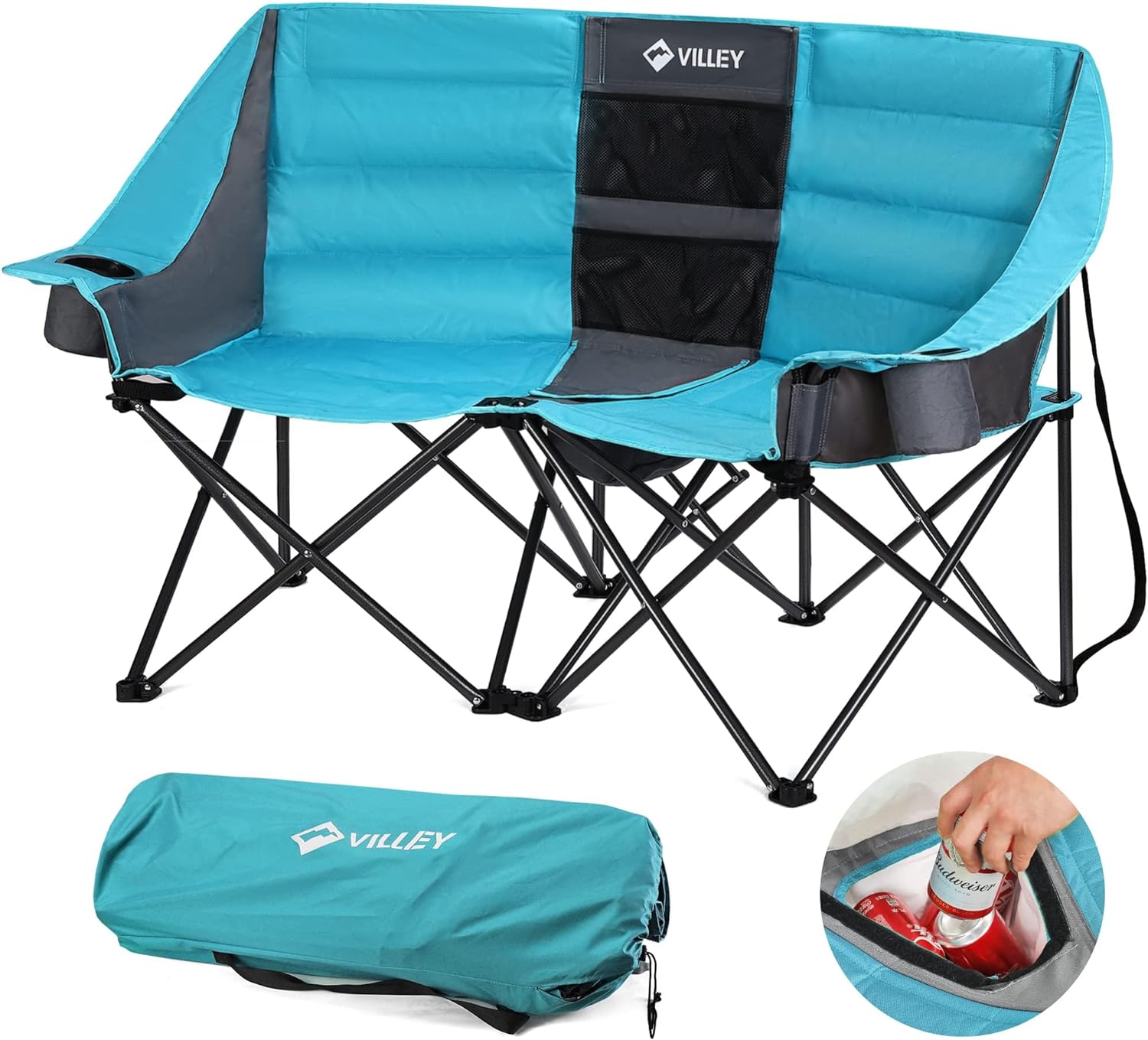 VILLEY Double Camping Chair w/Cooler Bag, Extra Wide Loveseat, Heavy Duty Padded Camping Couch, Portable Folding Chair w/Carry Bag Steel Frame Cup Holders for Camp Lawn Picnic Sports, Support 600LBS