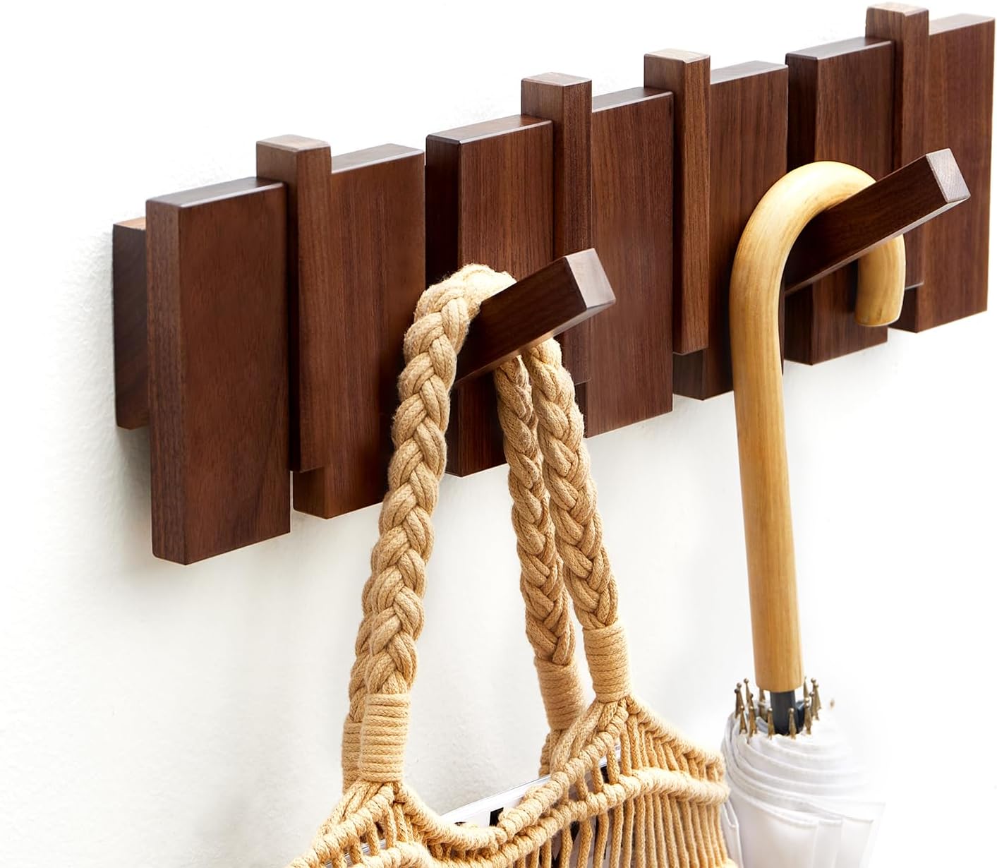 Wood Wall Mounted Coat Rack, Coat Rack Wall Mount, Flip Down Wall Hook Rack with 6 Hooks, Entryway Wall Art Hook for Hanging Coats Keys Hats Towels Bags, Walnut