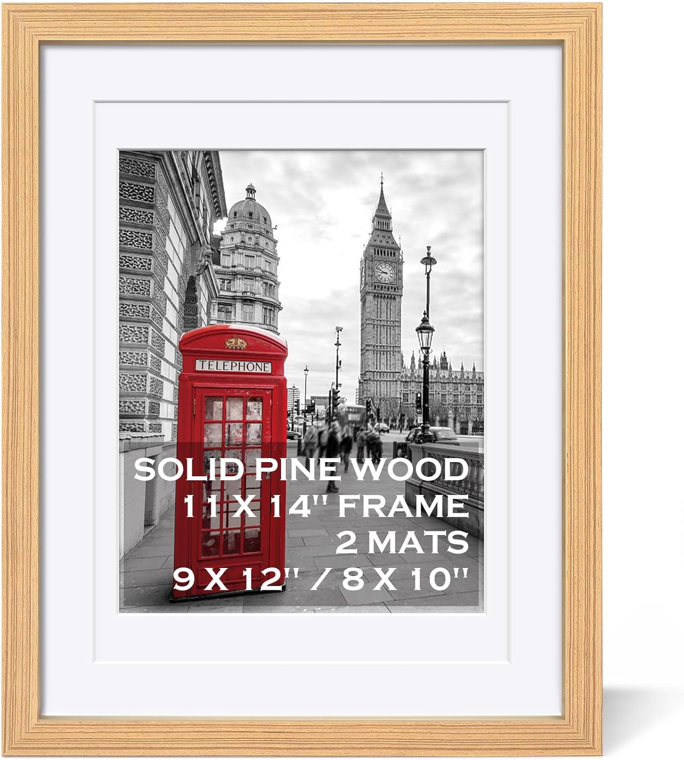 11x14 Picture Frame Solid Wood Display Pictures 9x12 or 8x10 Frame with Mat or 11x14 Frame without Mat - Wood Grain Photo Frame 11x14 inch with 2 Mats for Wall Mounting or Table Top