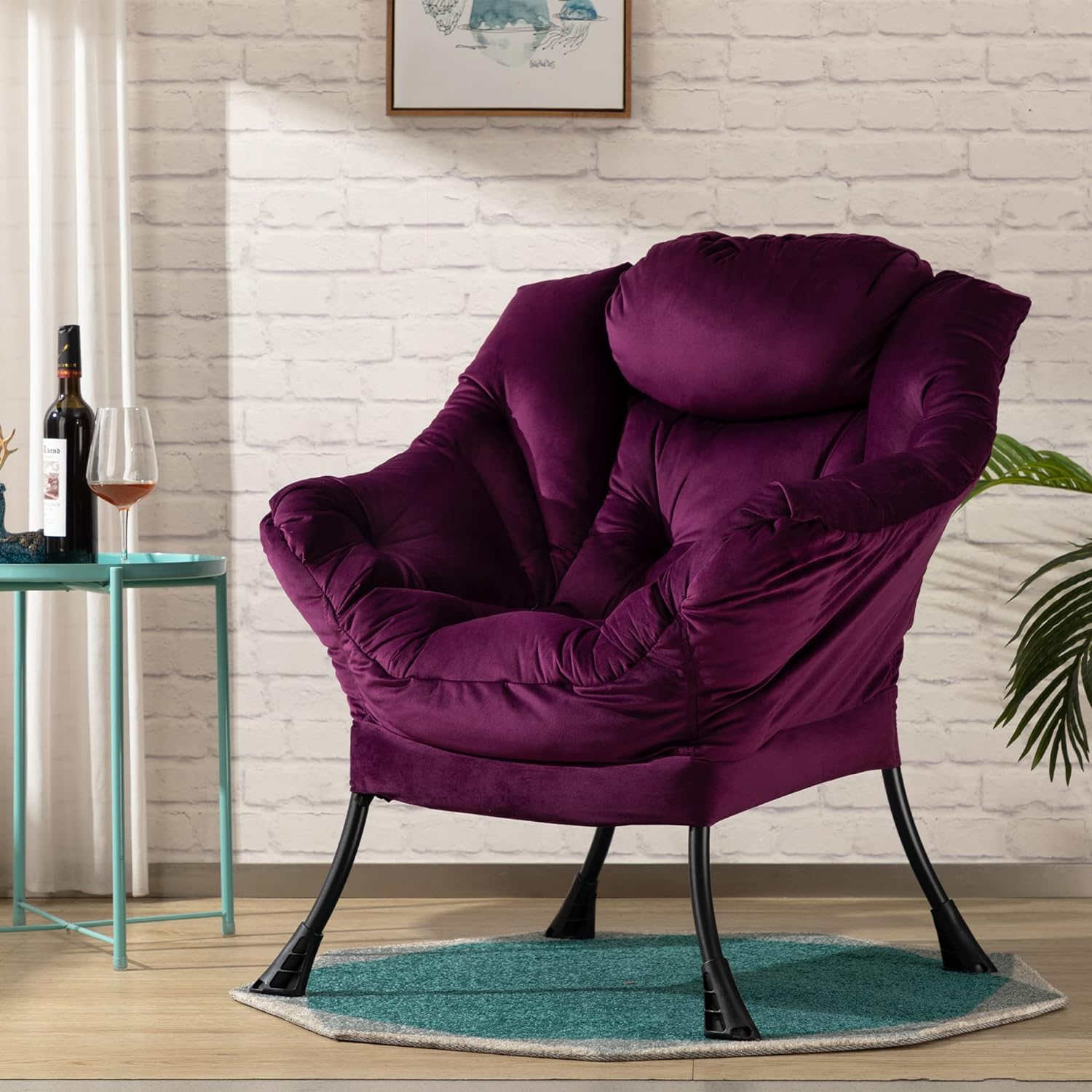 HollyHOME Modern Large Cotton Fabric Lazy Chair,Accent Contemporary Lounge Chair, Single Steel Frame Leisure Sofa Chair with Armrests and A Side Pocket, Deep Purple