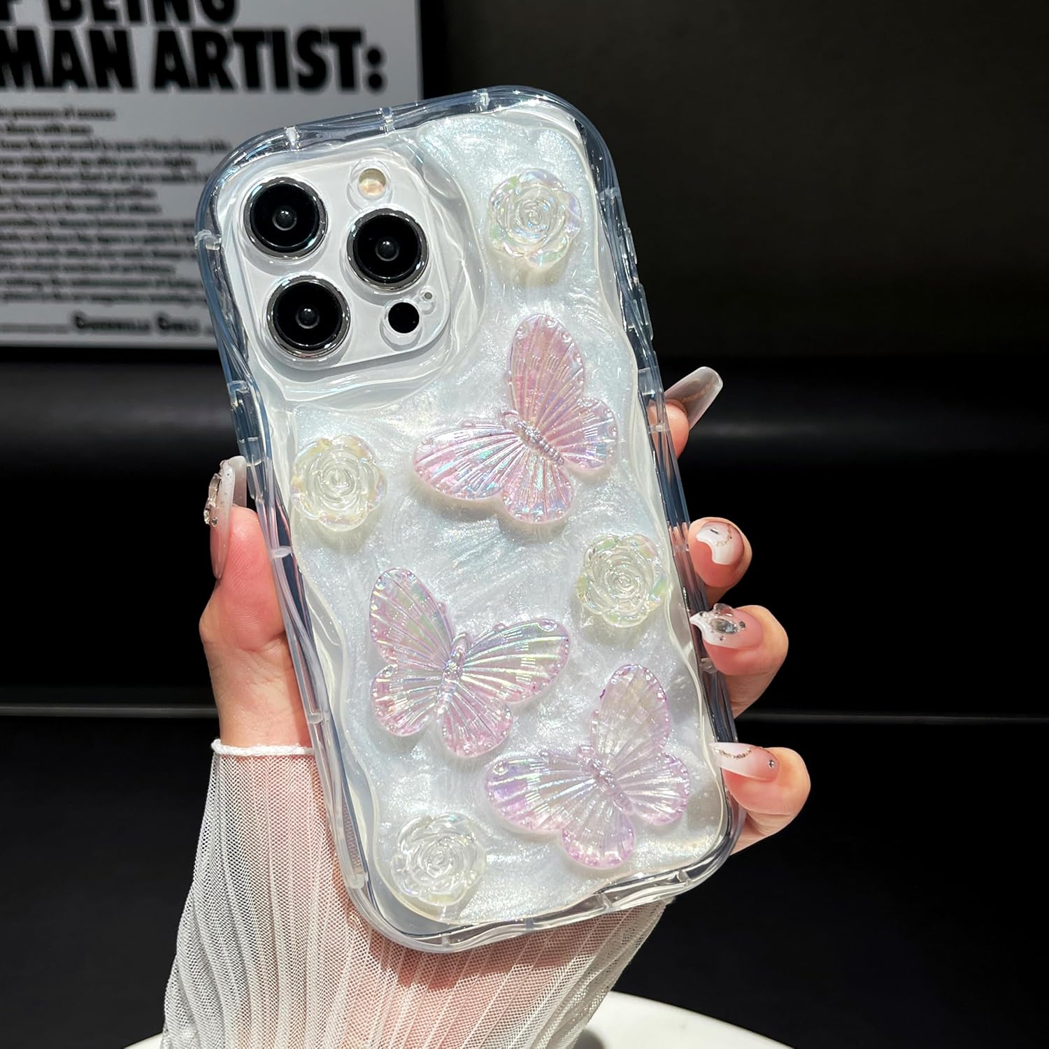 ZTOFERA Case for iPhone 13 Pro Max, Laser 3D Butterfly & Marble Pattern Cute Case for Girl & Women, Glitter Glossy Soft Protective Shockproof TPU Bumper Phone Cover for iPhone 13 Pro Max-Silvery Grey