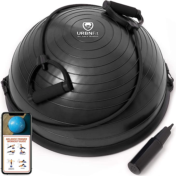 URBNFit Half Balance Ball - Yoga Ball Balance Trainer for Core Stability & Full Body Workout at Home or Gym - Resistance Bands, Pump and Exercise Guide Included