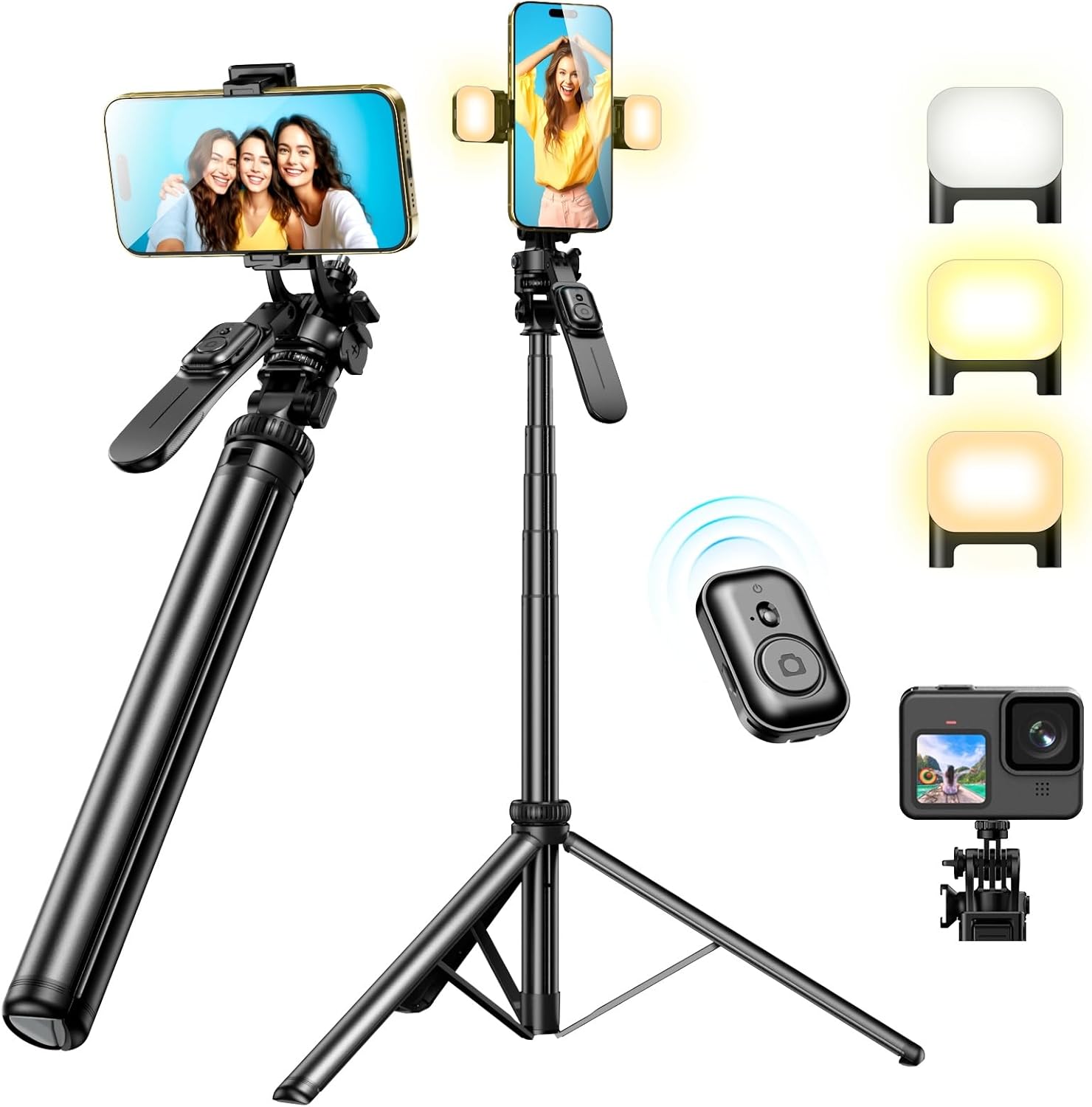 80 Phone Tripod, Tripod for iPhone & Selfie Stick Tripod Stand with Remote 2 Lights, All-in-1 360 Rotating Portable Travel Phone Tripod Stand for iPhone Cell Phone Android Camera,Black