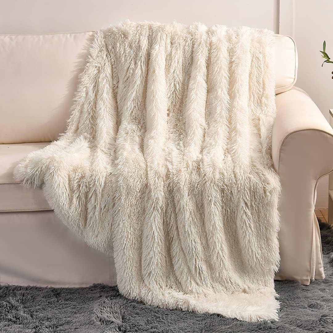 YUSOKI Cream White Faux Fur Throw Blanket,2 Layers,50 x 60 Cozy Plush Fluffy Blanket Furry Fuzzy Warm Cute shaggy Blanket for Fall Bed Living Room Dcor Baby Women Pet