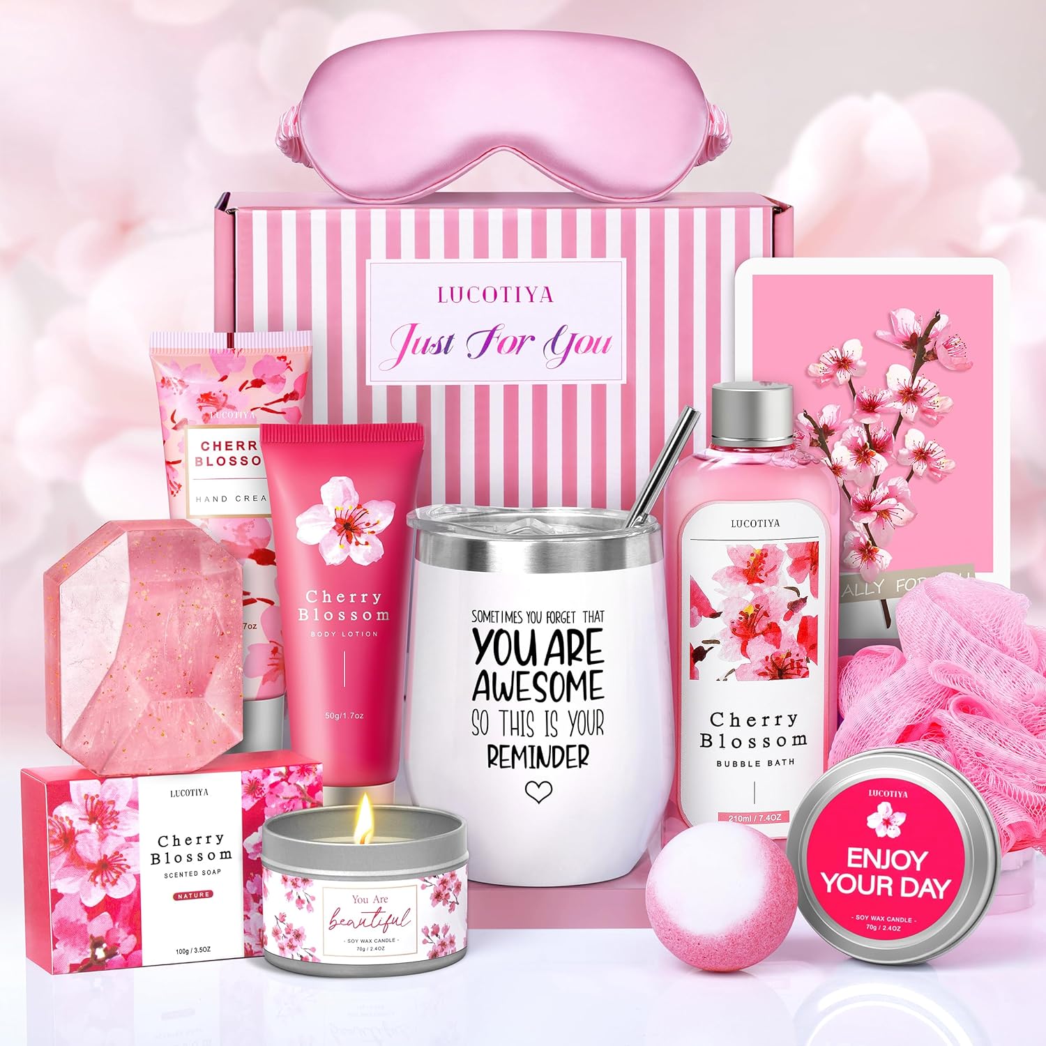 Gifts for Women Birthday Gifts for Women, Bath and Body Works Gift Set- 10 Pcs Valentine' Mother' Day Gifts and Cherry Blossoms Self Care Package Gift Women, Relaxing Spa Gift Basket for Women