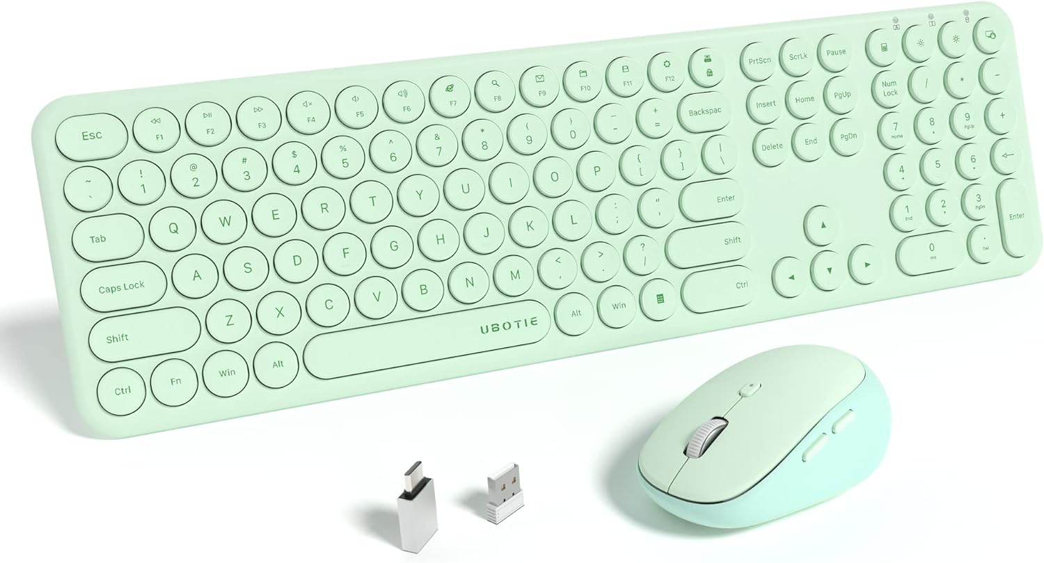 UBOTIE Wireless Keyboards and Mouse, Quiet Scissor Switches Slim Keyboards Mice Set, Slim Full Size Computer Keyboard with Adjustable DPI Mouse for PC Laptop (Mint Green)