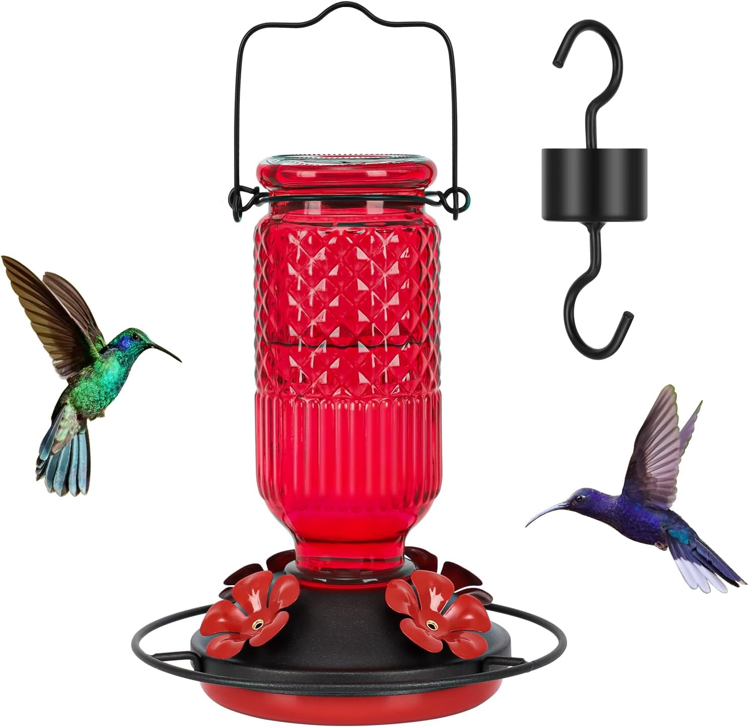 FEED GARDEN Glass Hummingbird Feeder for Outdoors Hanging, 16 OZ Humming Birds Feeders with 4 Bee Guard Feeding Ports & Built-in Ant Moat, Bird Feeder for Outside, Red