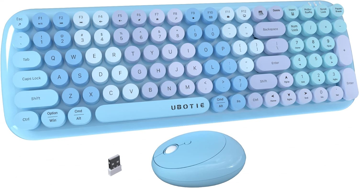 Wireless Keyboards and Mouse Combos, UBOTIE Colorful Gradient Rainbow Colored Retro Typewriter Flexible Keyboard, 2.4GHz Connection and Optical Mouse (New Blue Colorful)