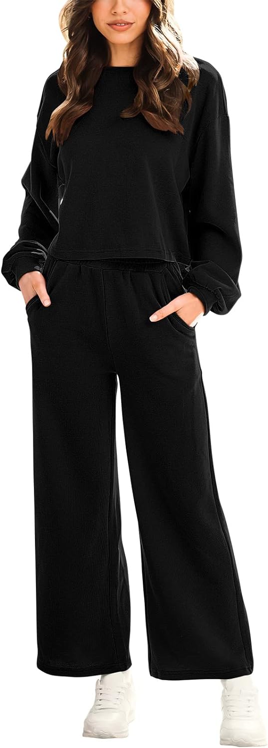 ANRABESS Womens Two Piece Outfits Long Sleeve Crop Top Wide Leg Sweat Pants Knit Sweatsuit Fall Lounge Matching Clothes Set