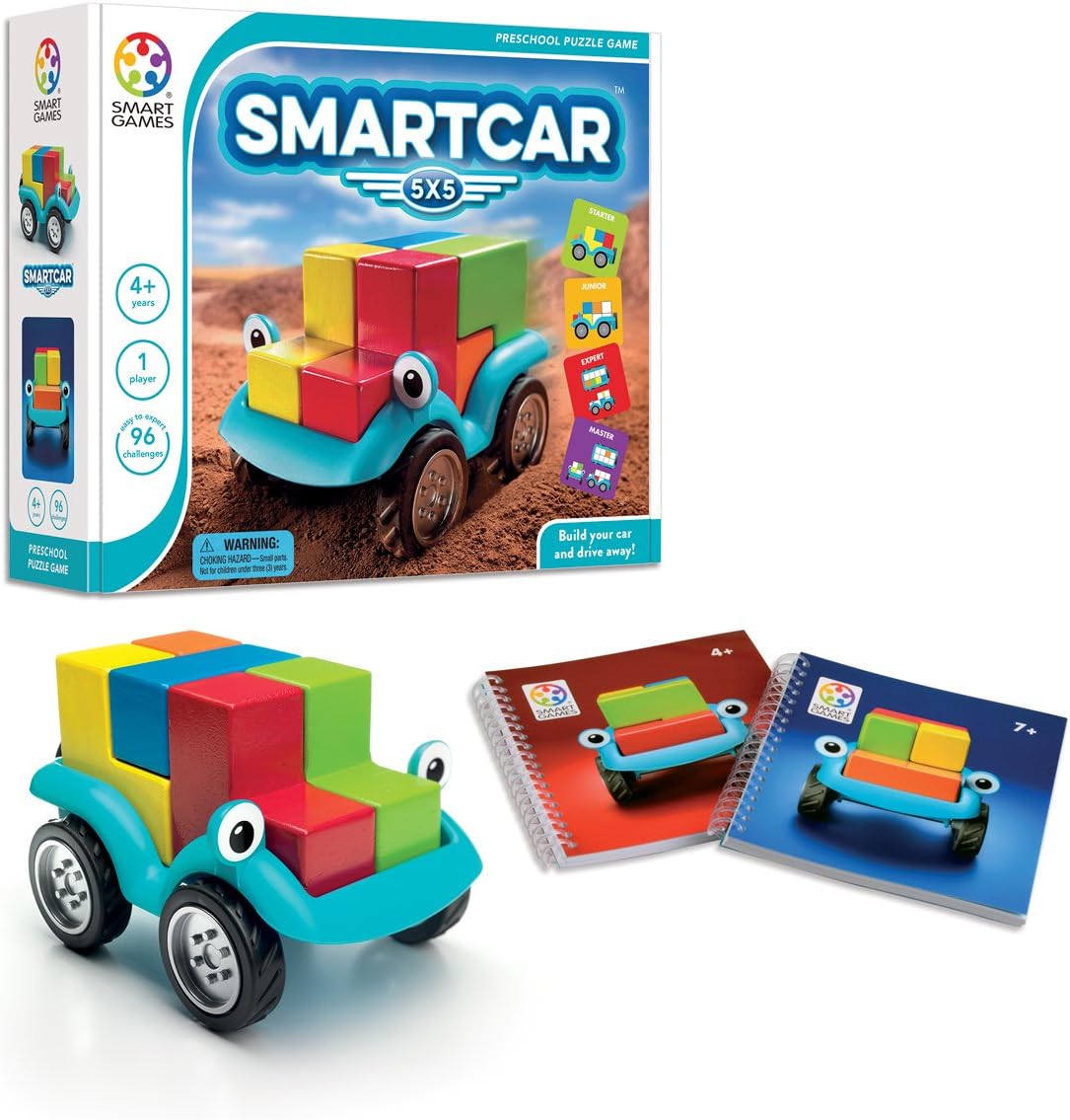 SmartGames Smart Car 5 x 5 Wooden Cognitive Skill-Building Puzzle Game Featuring 96 Playful Challenges for Ages 4 