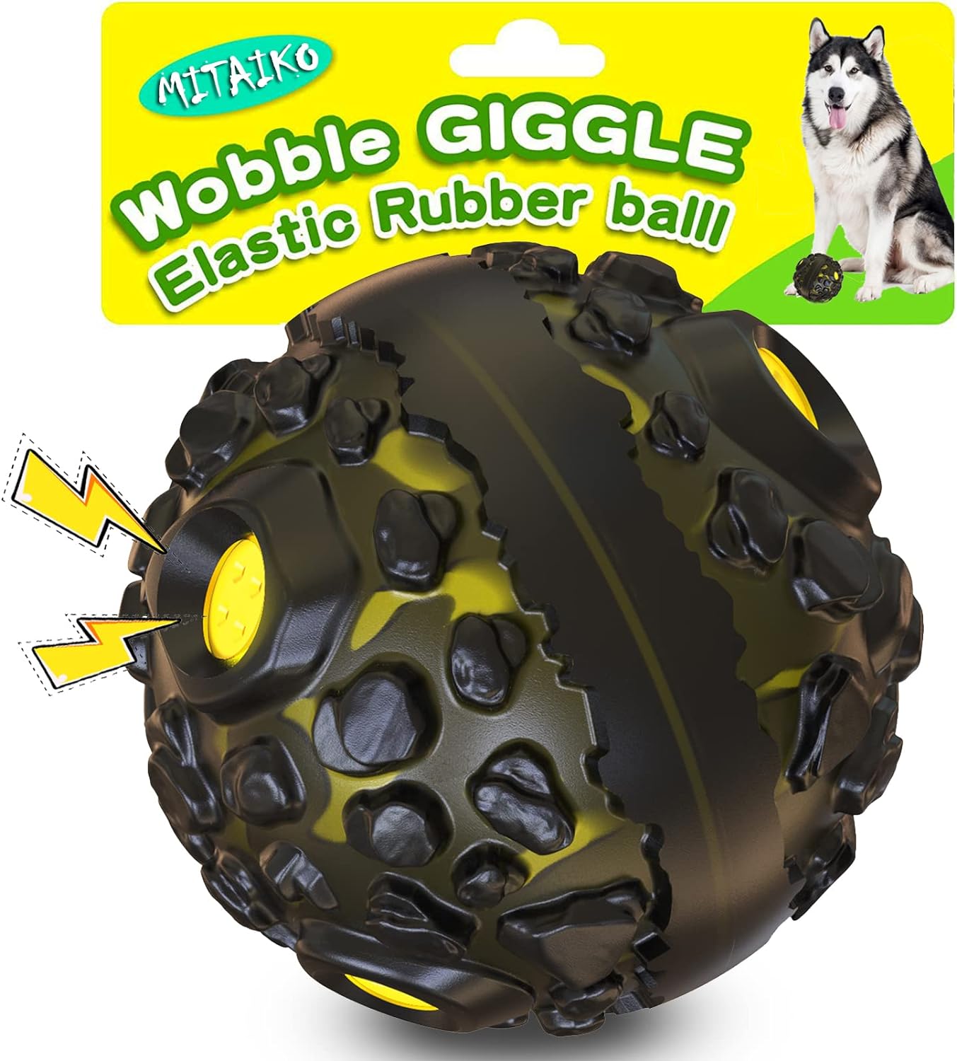 Dog Toy Ball for Aggressive Chewers, Interactive Fetch Dog Ball with Fun Squeaky Wobble Giggle Sound, Durable for Small Medium Large Dogs, Non-Toxic Rubber Pet Chew Toys, Black & Yellow