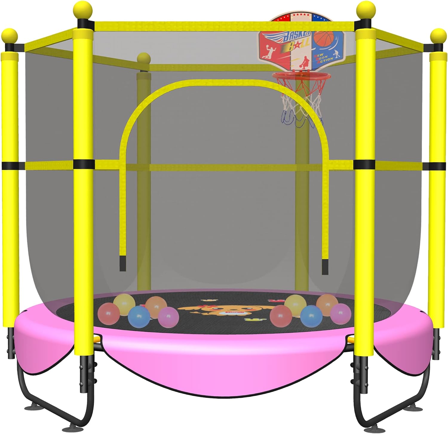 60 Trampoline for Kids, 5 FT Indoor & Outdoor Small Toddler Trampoline with Basketball Hoop, Safety Enclosure, Baby Trampoline Toys, Birthday Gifts for Kids, Gifts for Boy and Girl, Age 1-8