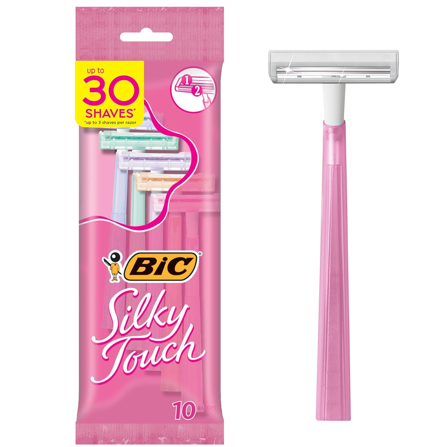 BIC Silky Touch Women' Disposable Razors, With 2 Blades, Pretty Pastel Razor Handles, 10 Count (Pack of 1)