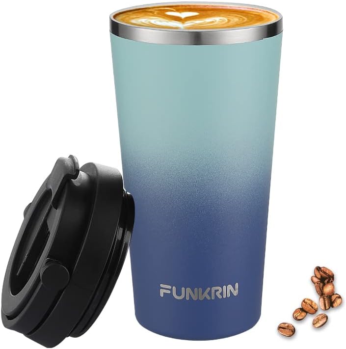 Funkrin Insulated Coffee Mug with Ceramic Coating, 16oz Iced Coffee Tumbler Cup with Flip Lid and Handle, Double Wall Vacuum Leak-Proof Thermos Mug for Travel Office School Party Camping