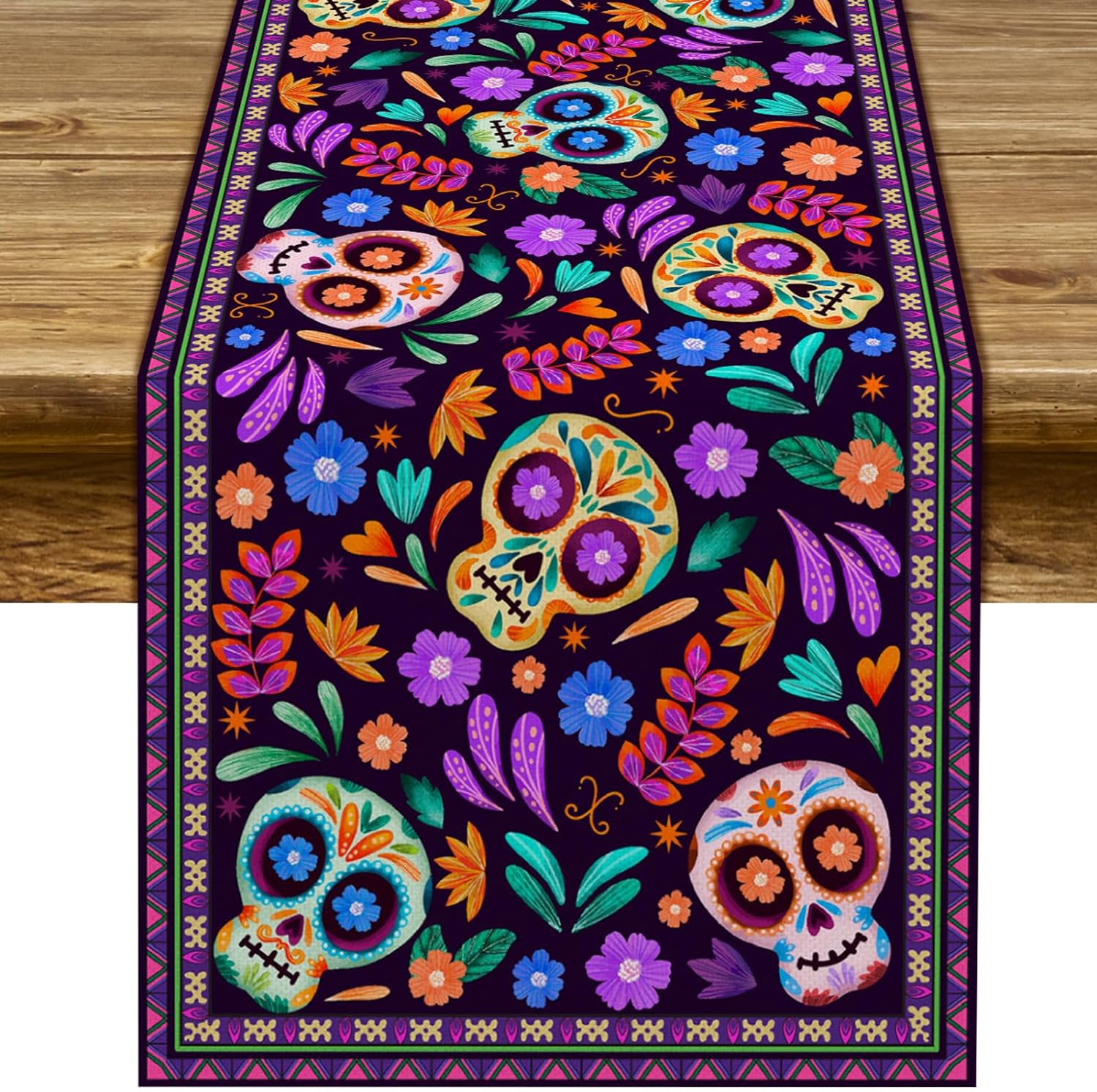 Dia De Los Muertos Table Runner Cinco de Mayo Rustic Linen Mexican Sugar Skull Day of The Dead Altar Decoration for Home Kitchen Dining Room (13 x 90)