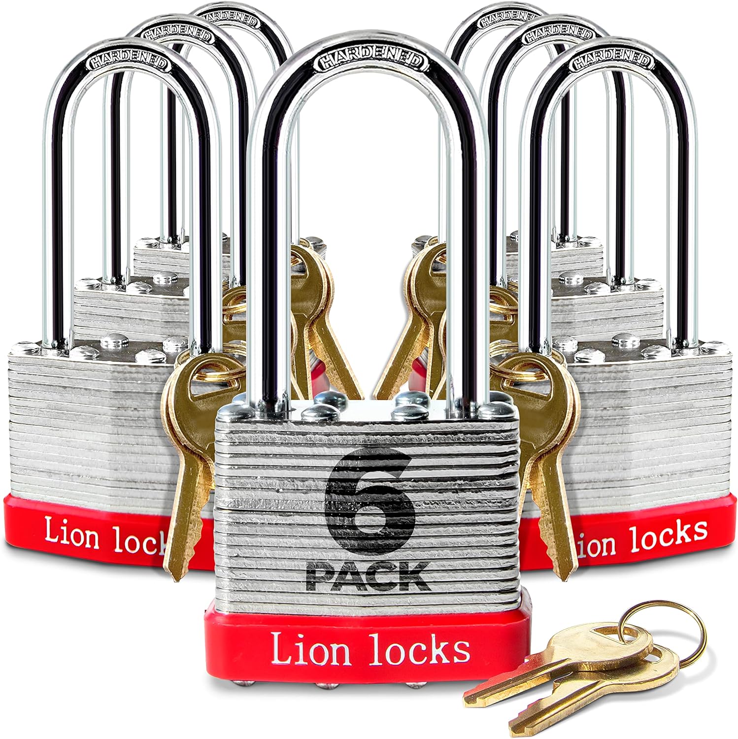 6 Keyed Alike Padlocks with 2 Long Shackle, 12 Keys - Padlocks for Outdoor Use, Locks with Keys, Hardened Steel Case, Pick Resistant Brass Pin Cylinder for Hasp Latch, Locker, Gate