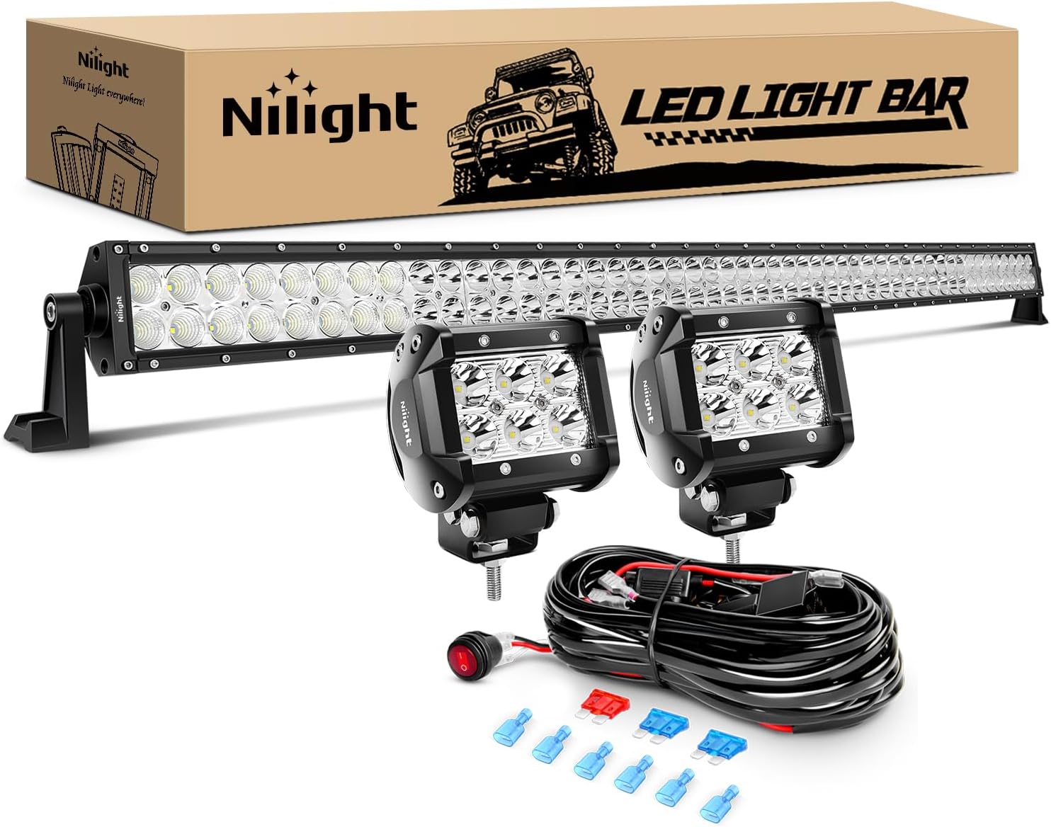 Nilight - ZH023 52Inch Spot Flood Combo Led Light Bar 2PCS 4Inch 18W Spot LED Fog Lights With Off Road Wiring Harness- 3 Leads, 2 Years Warranty