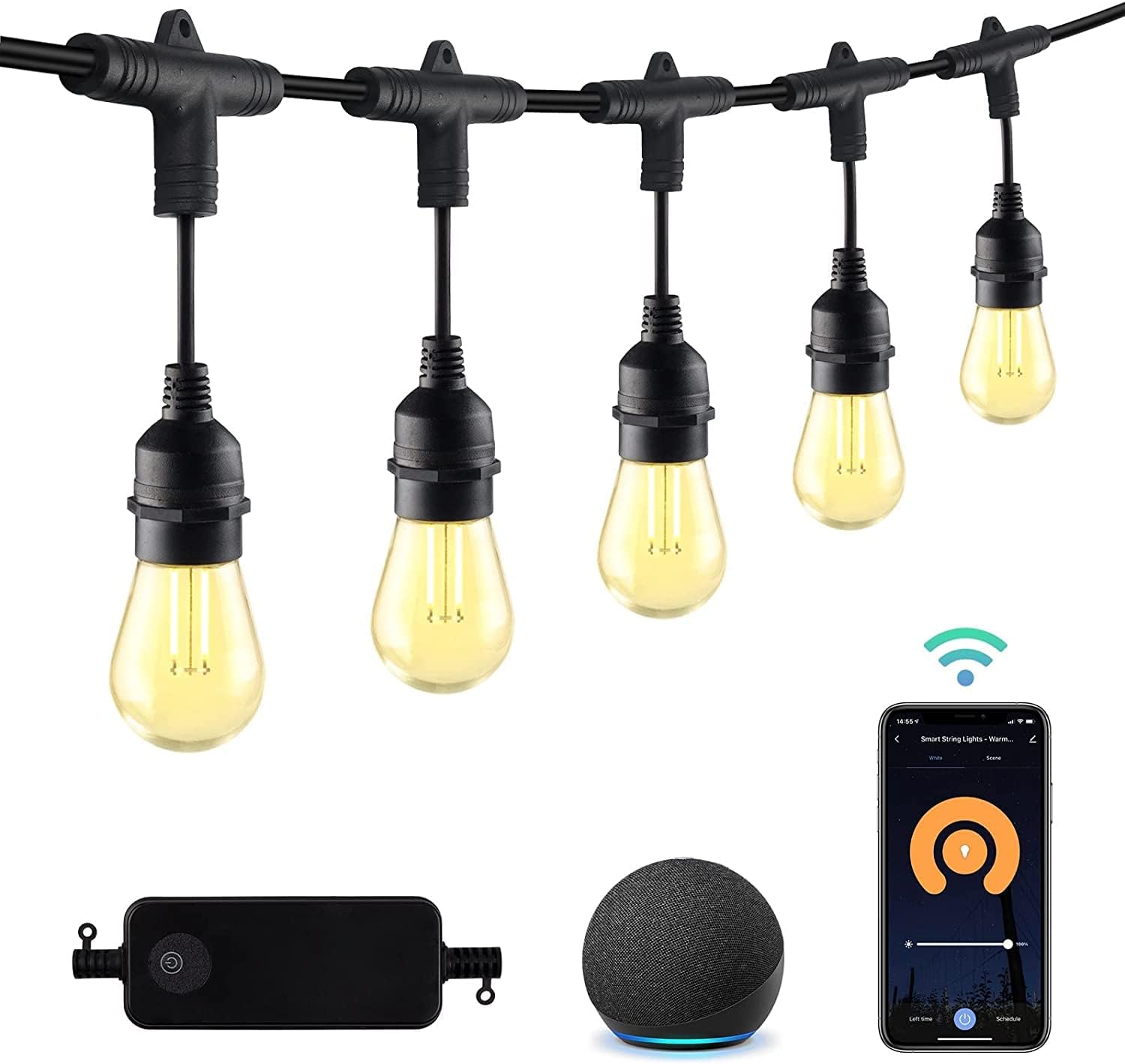 HBN 96ft Outdoor String Lights-Smart Outside String Lights-30 LED Bulbs Dimmable & Shatterproof, 2.4GHz Wi-Fi & Bluetooth App Control, Works with Alexa/Google Assistant, IP65 Waterproof & Extendable